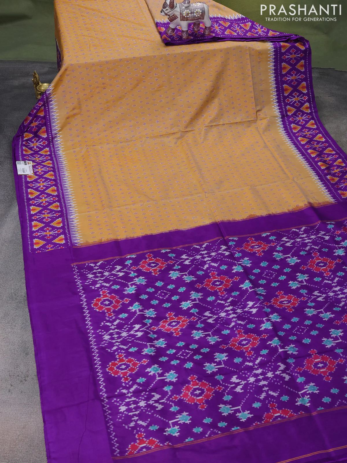 Pochampally silk saree sandal and violet with ikat butta weaves and ikat woven border - Image 2