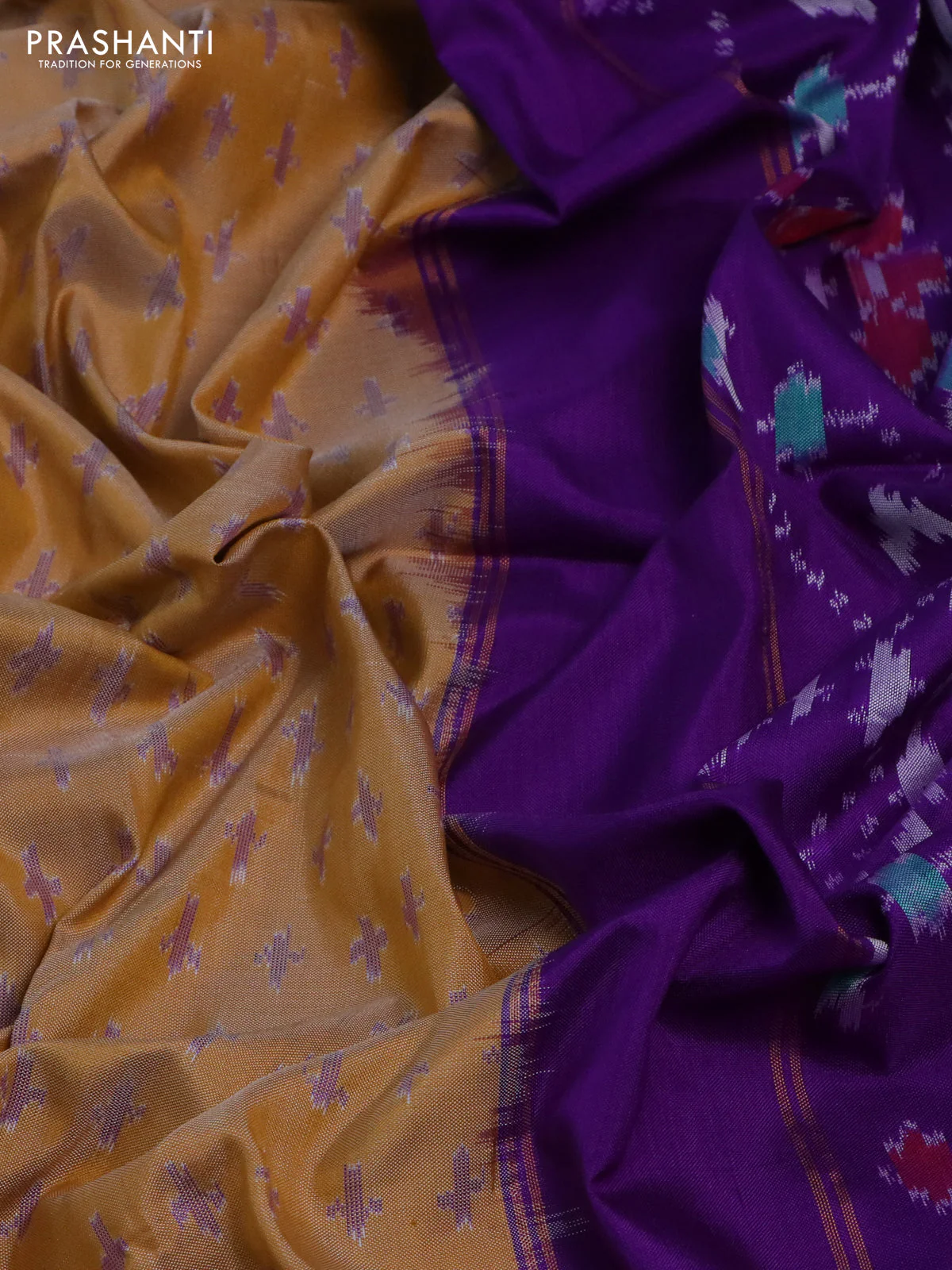 Pochampally silk saree sandal and violet with ikat butta weaves and ikat woven border - Image 3