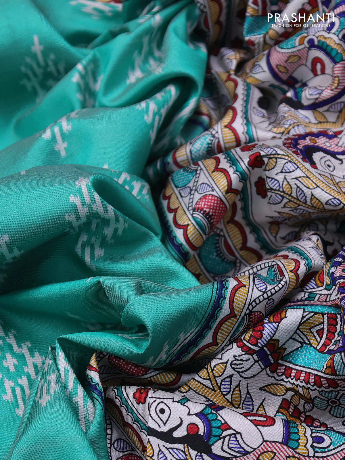 Pochampally silk saree teal green and cream with allover ikat woven buttas and madhubani prints - Image 3