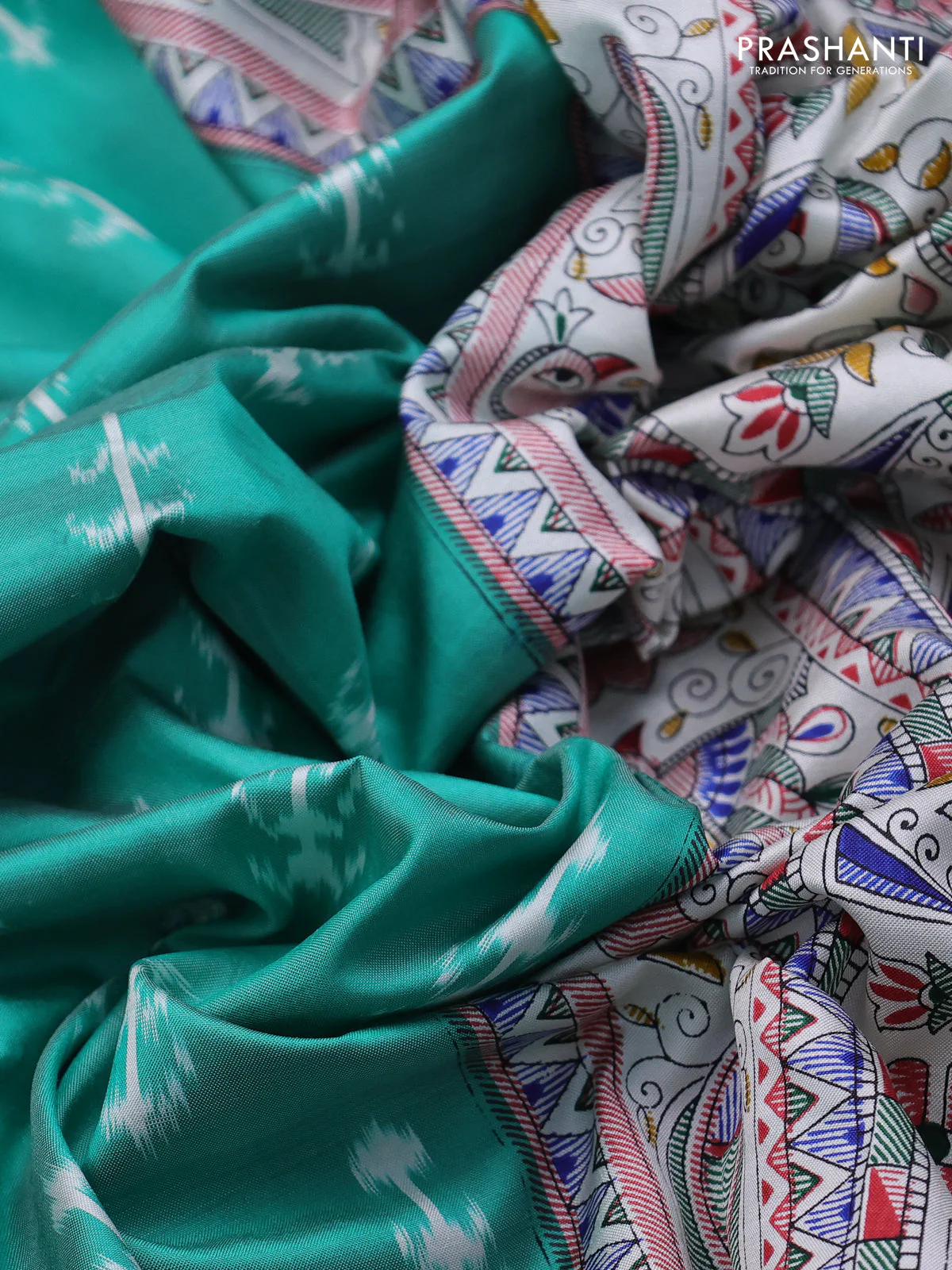 Pochampally silk saree teal green and cream with allover ikat woven buttas and madhubani prints - Image 3