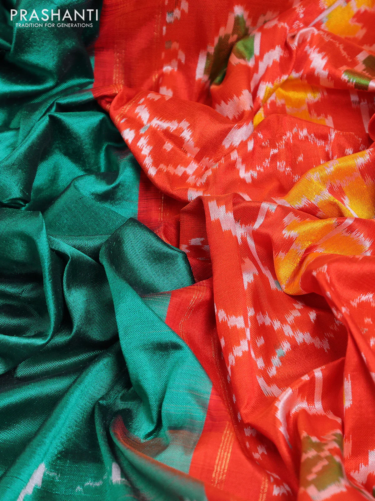 Pochampally silk saree teal green and orange with plain body and ikat woven zari border - Image 3