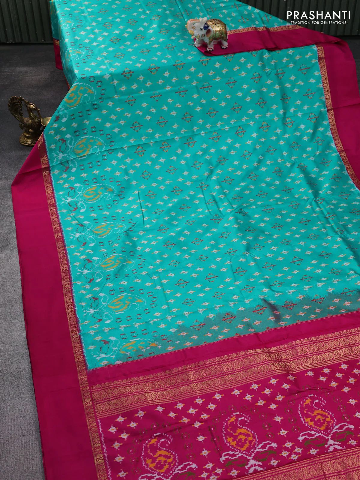 Pochampally silk saree teal green and pink with allover ikat weaves and zari woven simple border - Image 2