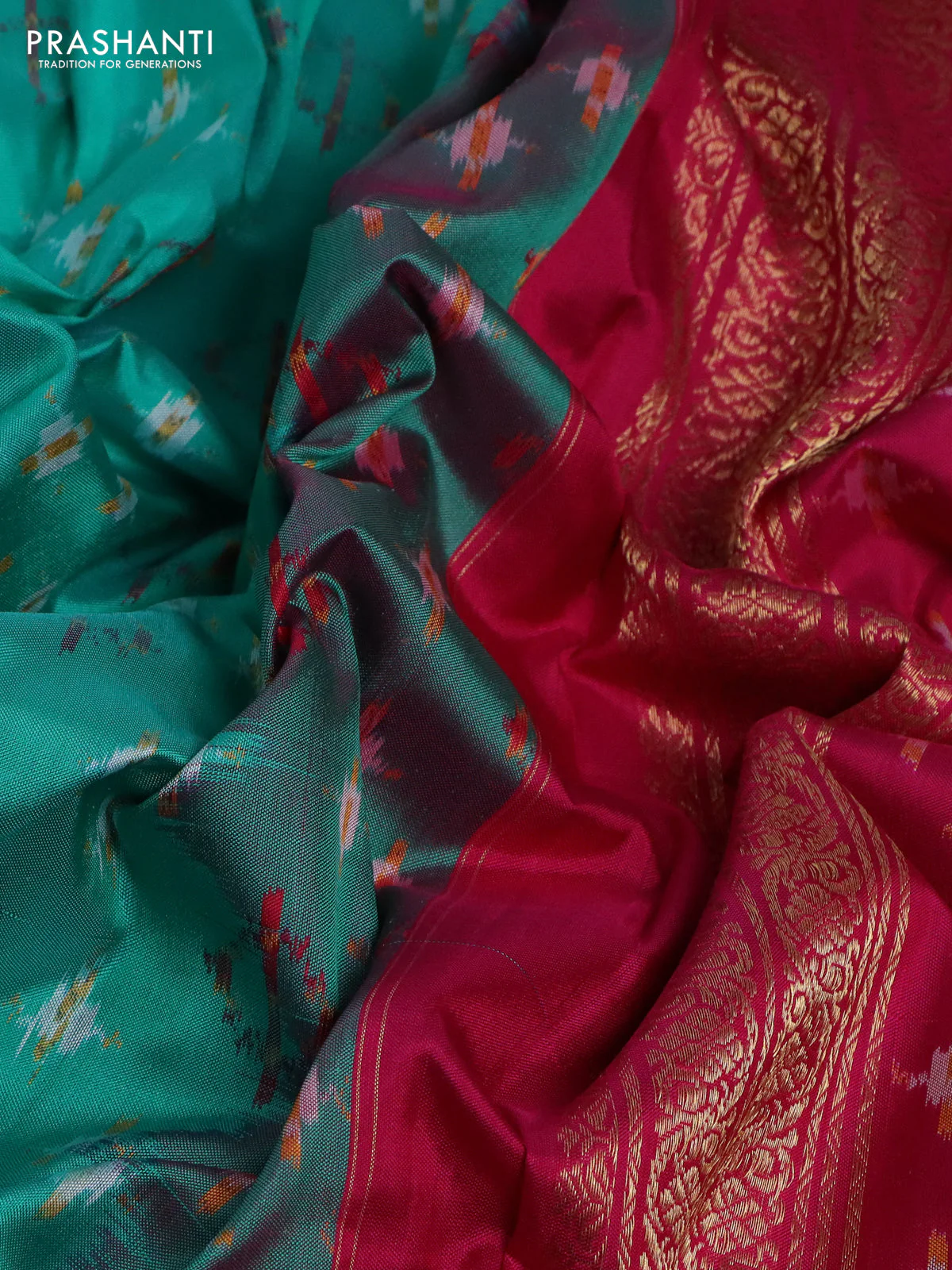 Pochampally silk saree teal green and pink with allover ikat weaves and zari woven simple border - Image 3