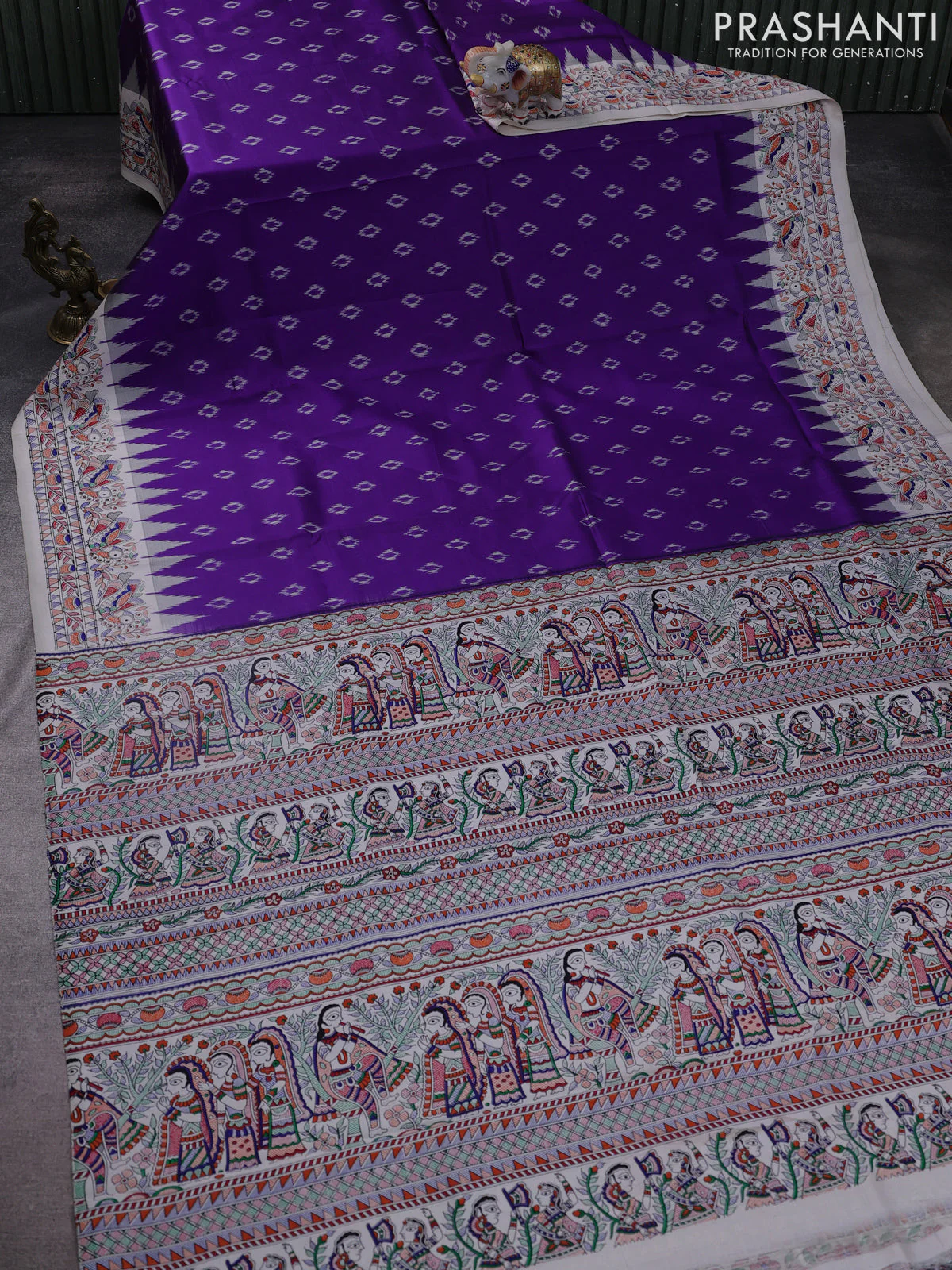 Pochampally silk saree violet and cream with allover ikat woven buttas and madhubani prints - Image 2