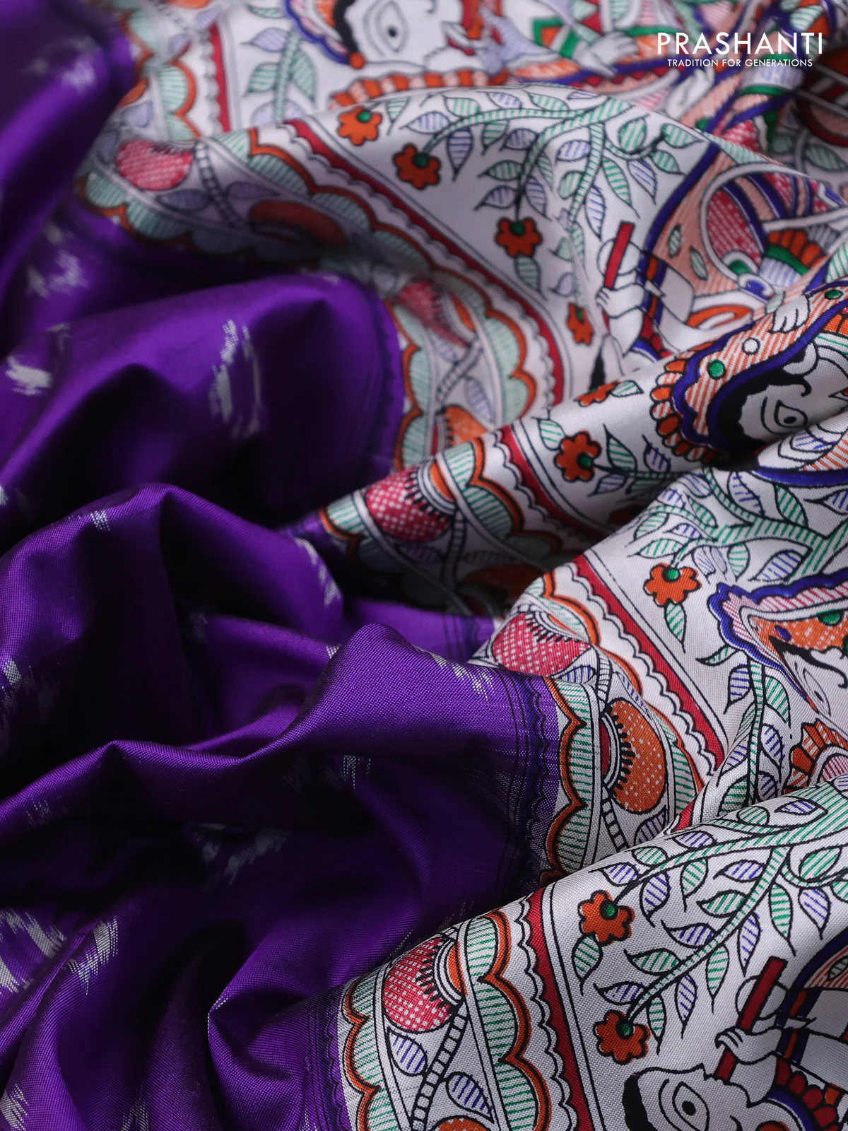 Pochampally silk saree violet and cream with allover ikat woven buttas and madhubani prints - Image 3