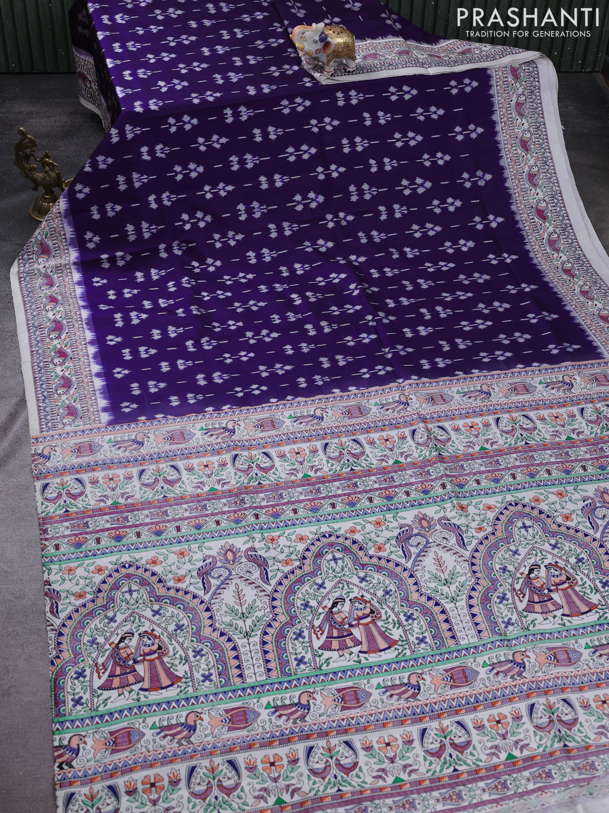 Pochampally silk saree violet and cream with allover ikat woven buttas and madhubani prints - Image 2