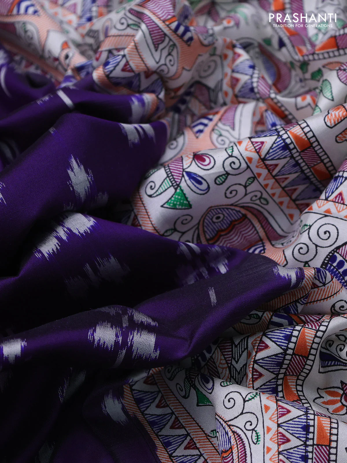 Pochampally silk saree violet and cream with allover ikat woven buttas and madhubani prints - Image 3