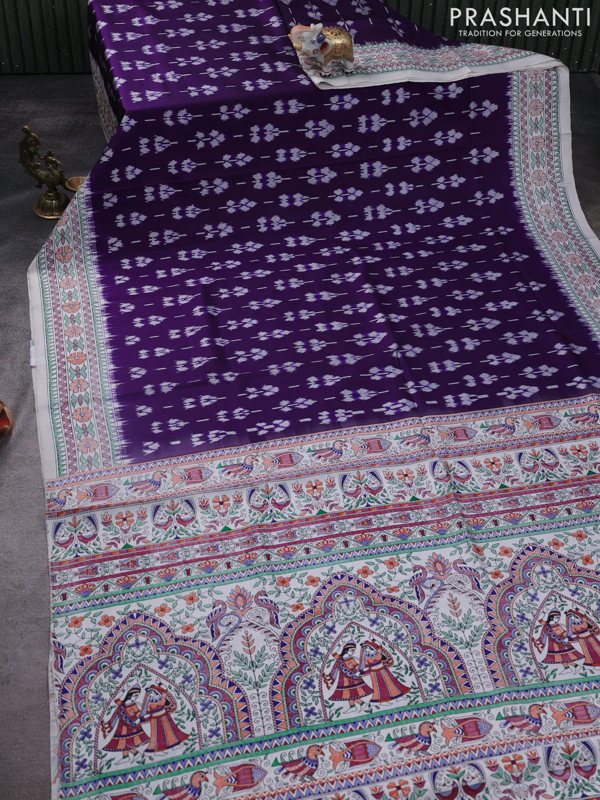 Pochampally silk saree violet and off white with allover ikat weaves and madhubani prints - Image 2