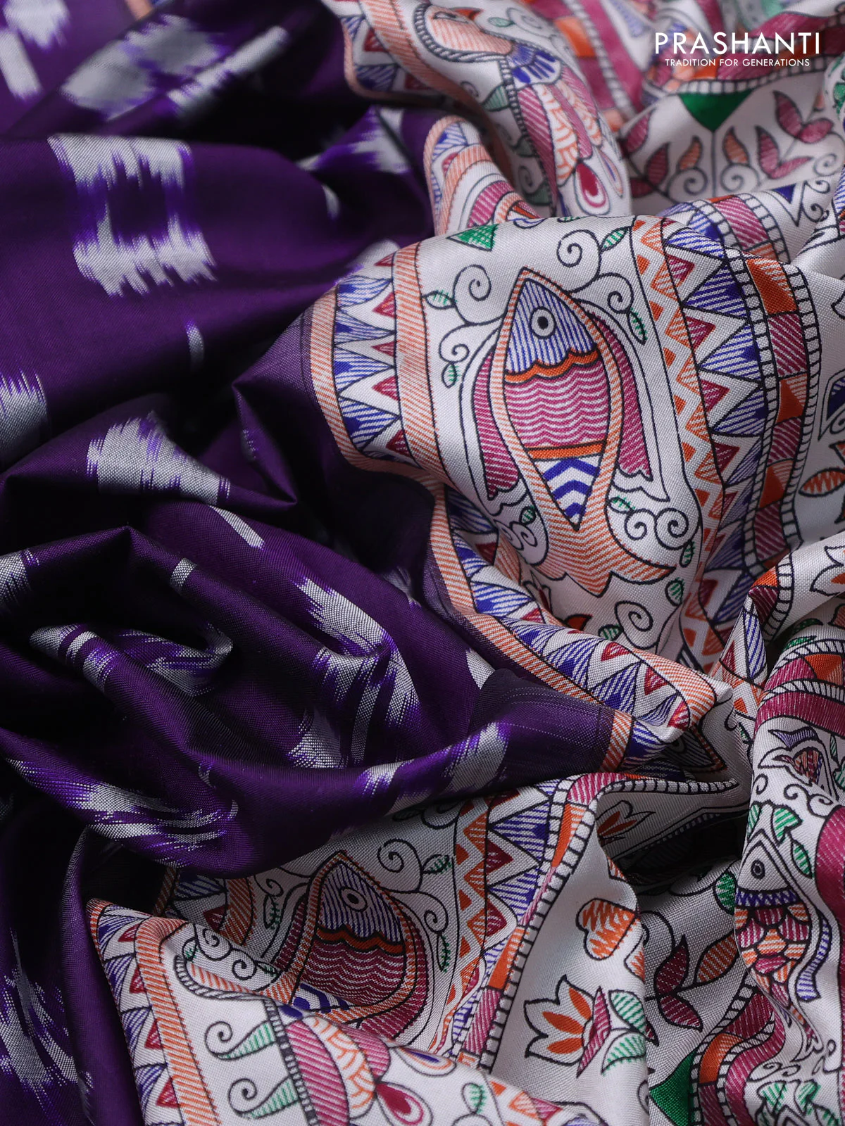Pochampally silk saree violet and off white with allover ikat weaves and madhubani prints - Image 3