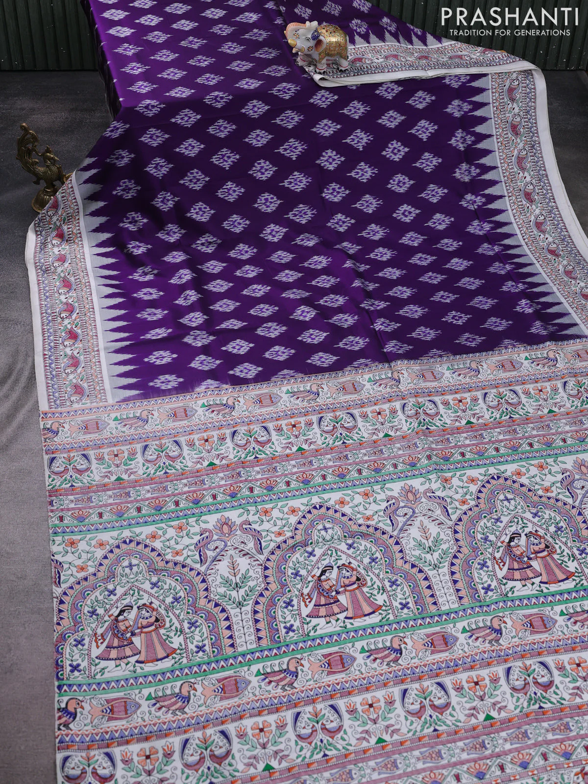 Pochampally silk saree violet and off white with allover ikat woven buttas and madhubani prints - Image 2