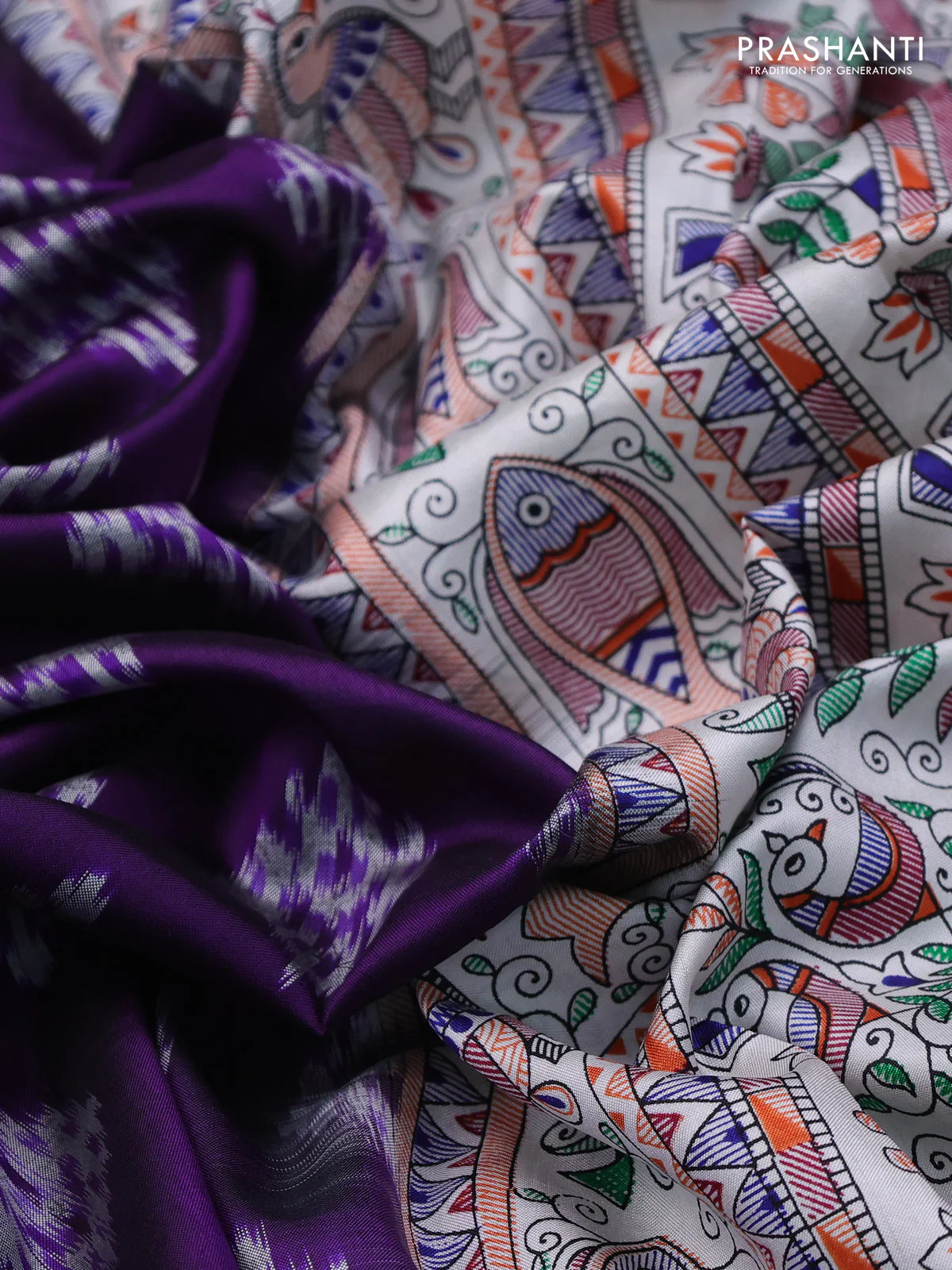 Pochampally silk saree violet and off white with allover ikat woven buttas and madhubani prints - Image 3
