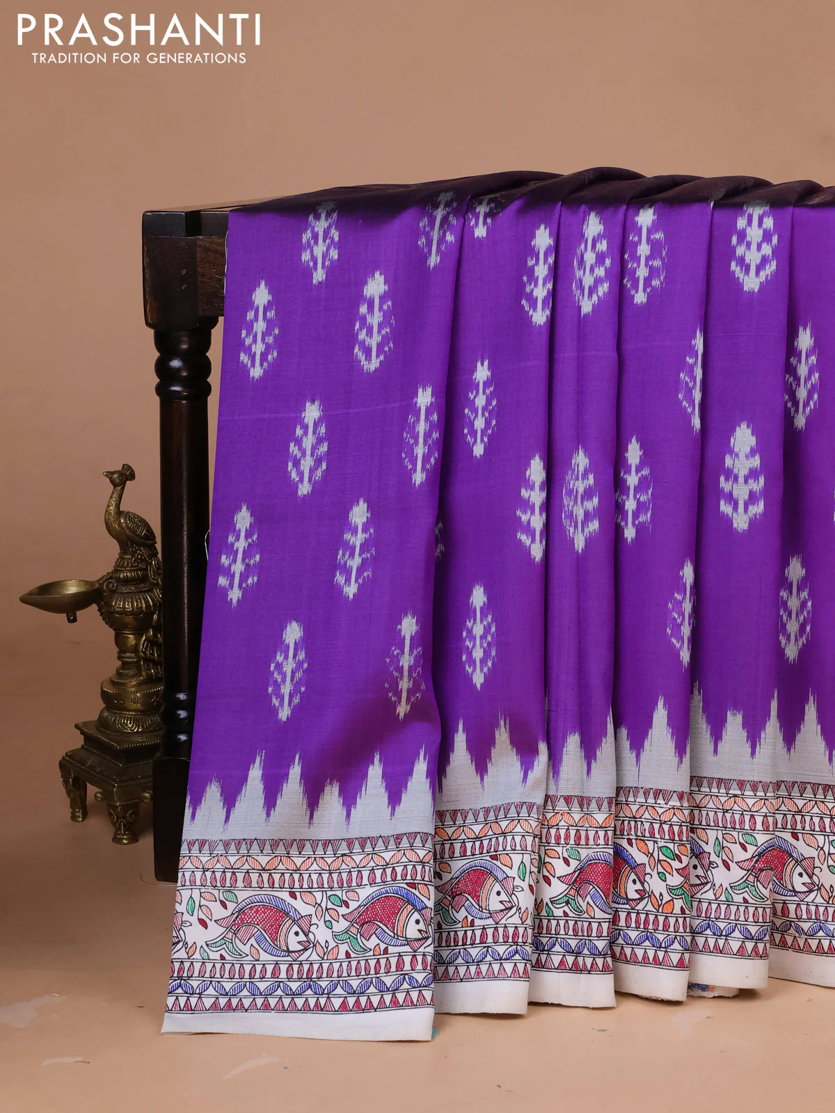 Pochampally silk saree violet and off white with allover ikat woven buttas and madhubani prints
