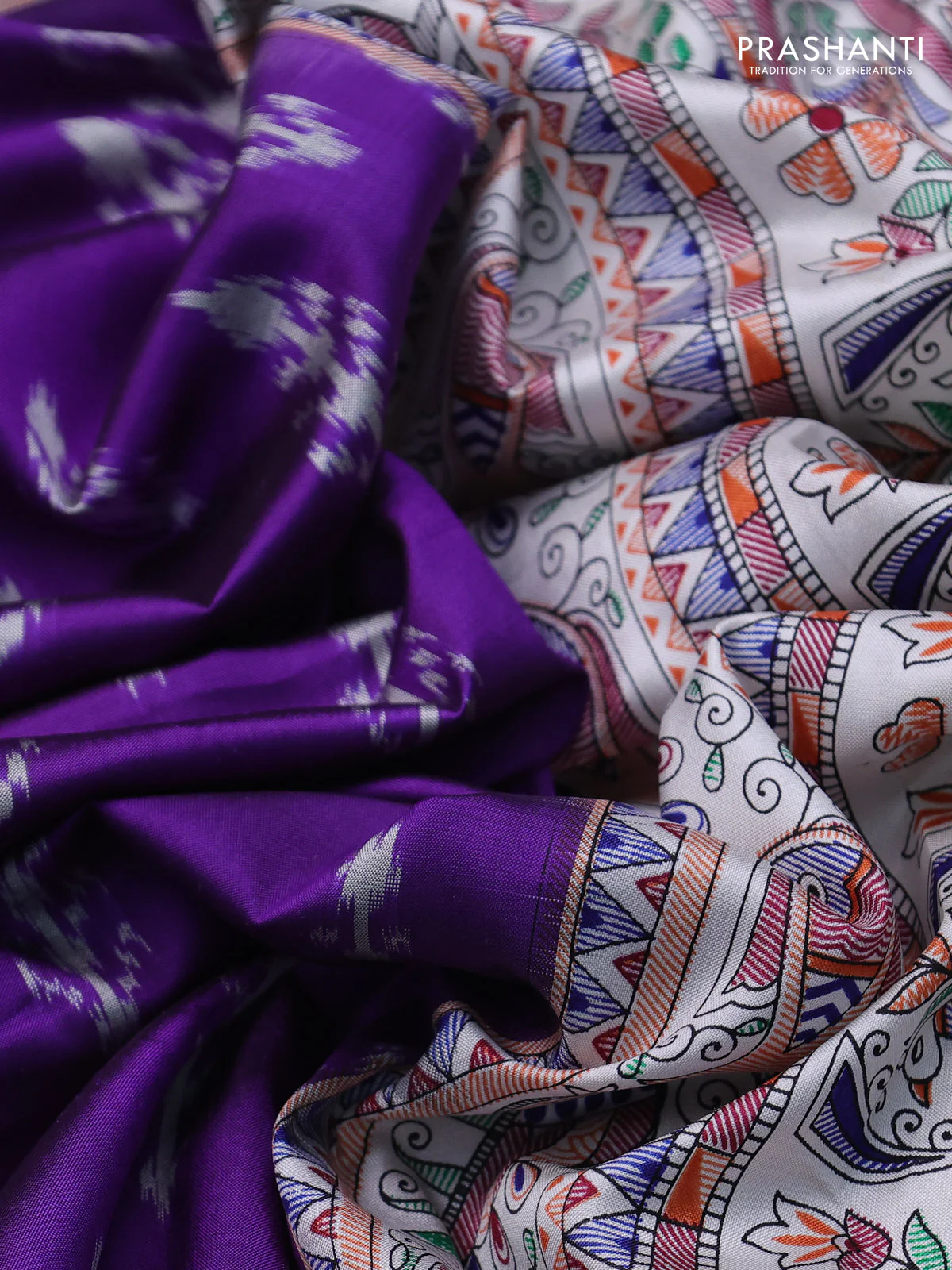 Pochampally silk saree violet and off white with allover ikat woven buttas and madhubani prints - Image 3