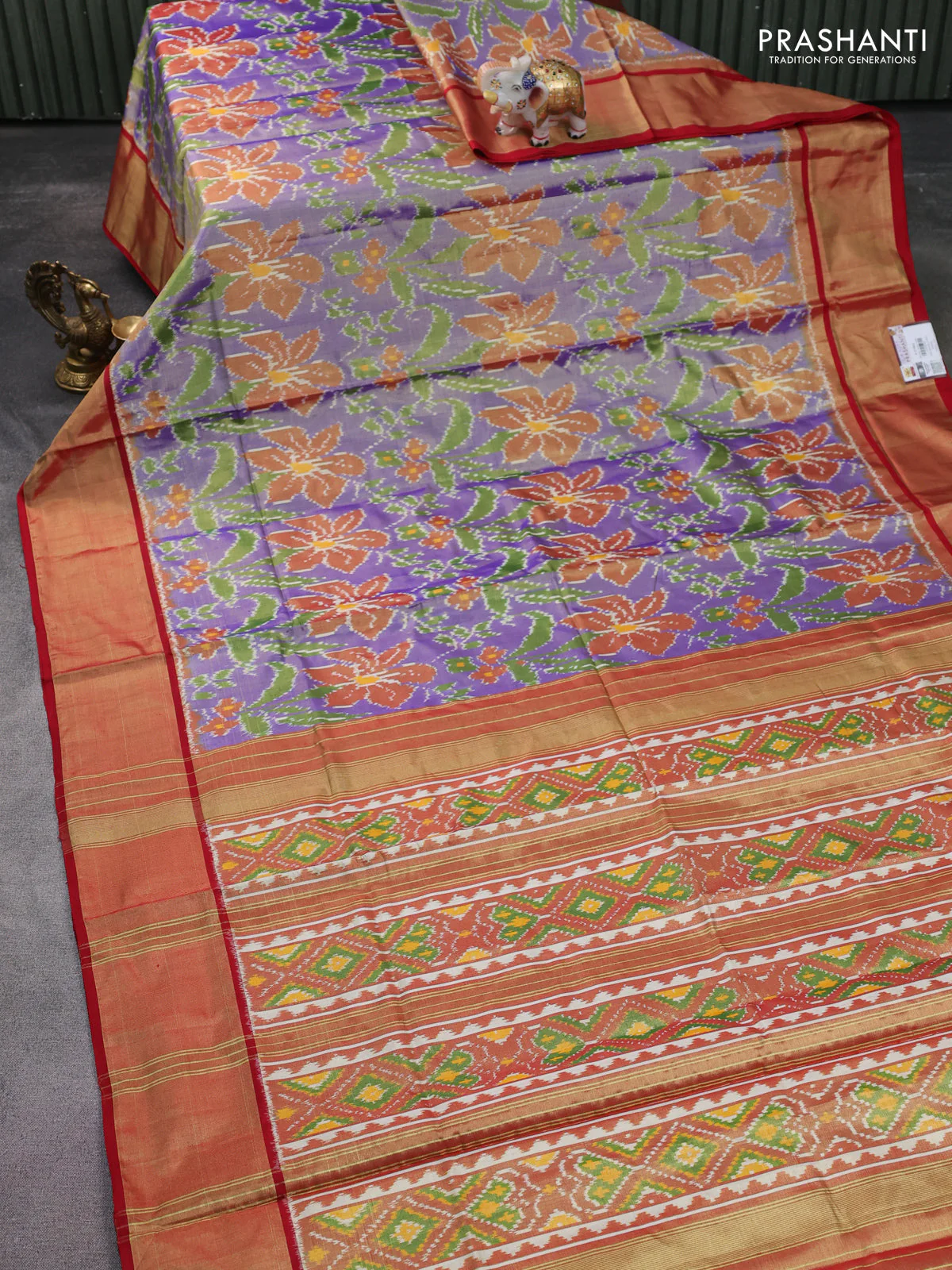 Pochampally tissue silk saree blue and red with allover ikat weaves and zari woven border - Image 2