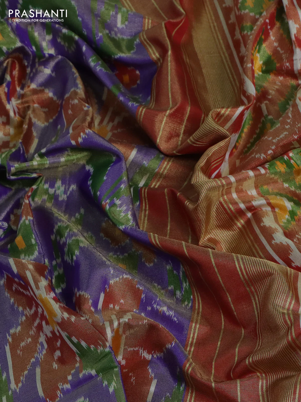 Pochampally tissue silk saree blue and red with allover ikat weaves and zari woven border - Image 3