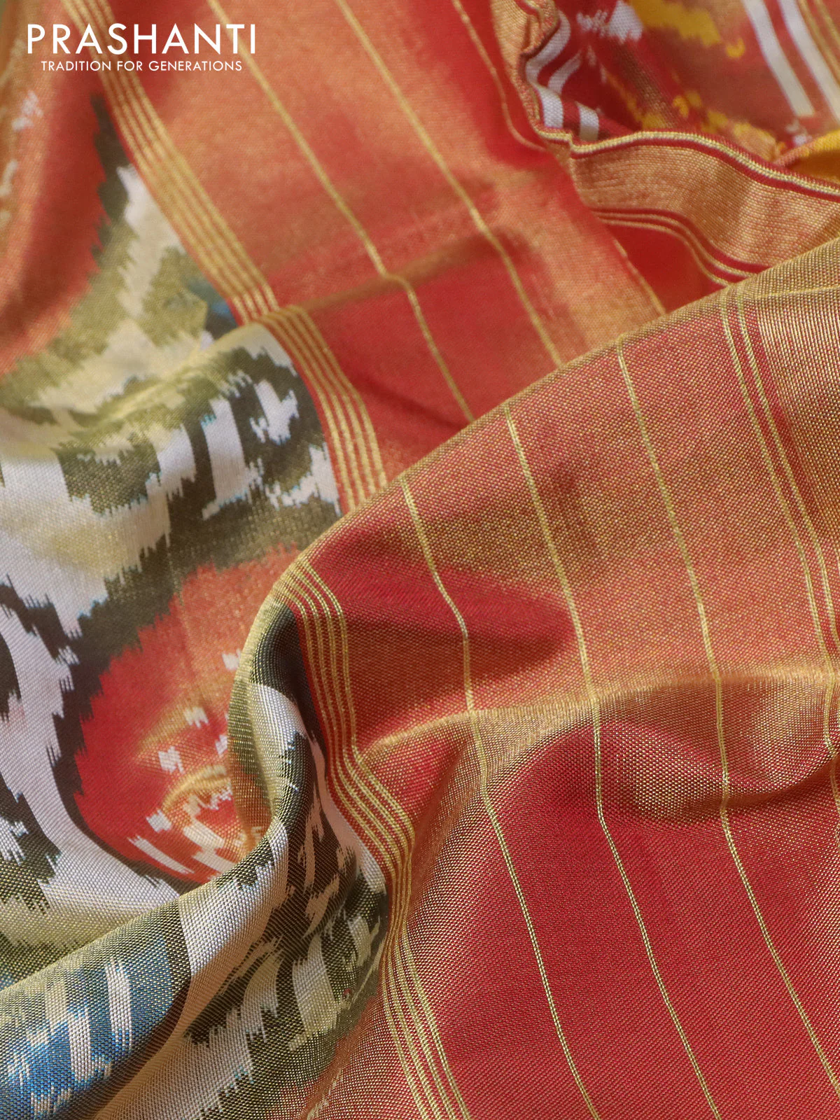 Pochampally tissue silk saree cream and red with allover ikat weaves and zari woven border - Image 2