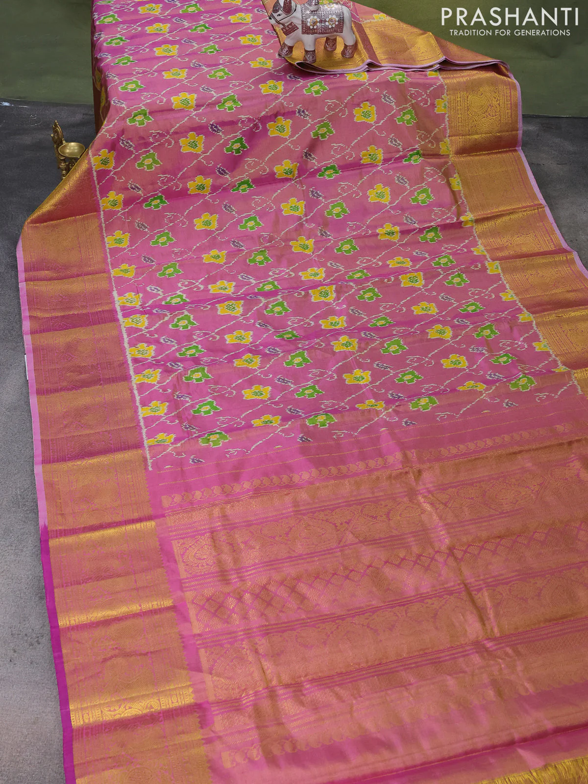 Pochampally tissue silk saree pink shade with allover ikat weaves and annam zari woven border - Image 2