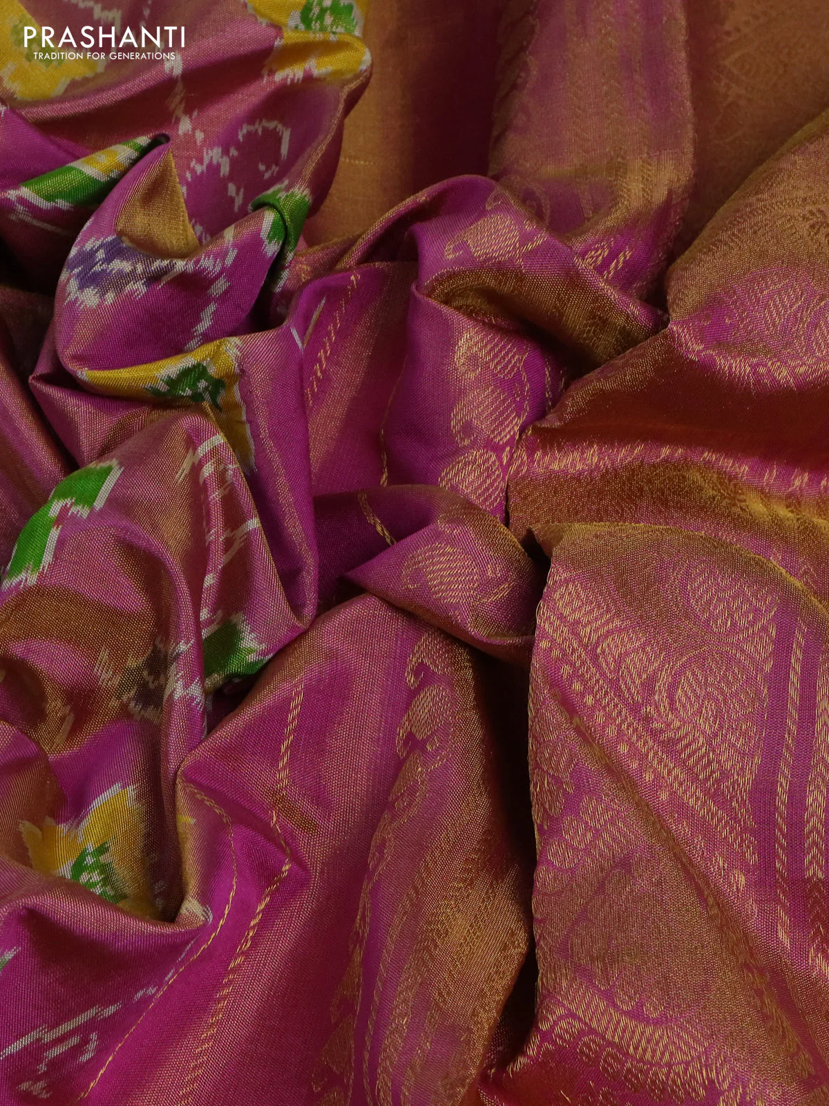 Pochampally tissue silk saree pink shade with allover ikat weaves and annam zari woven border - Image 3