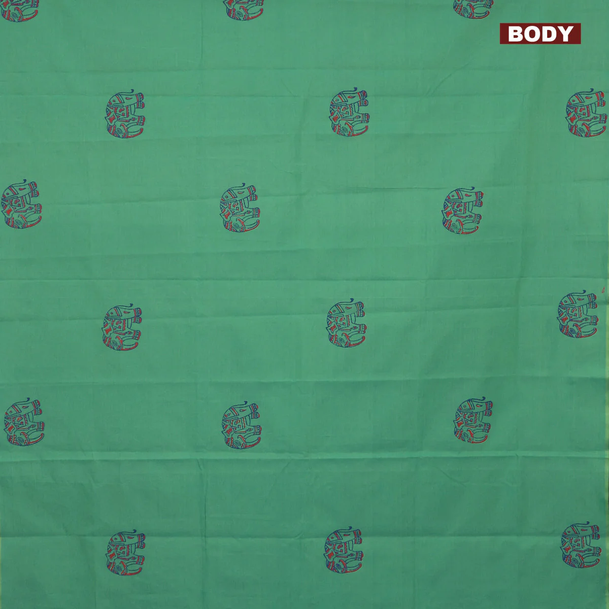 Poly cotton block printed saree dual shade of teal green and red with elephant butta prints in borderless style - Image 2