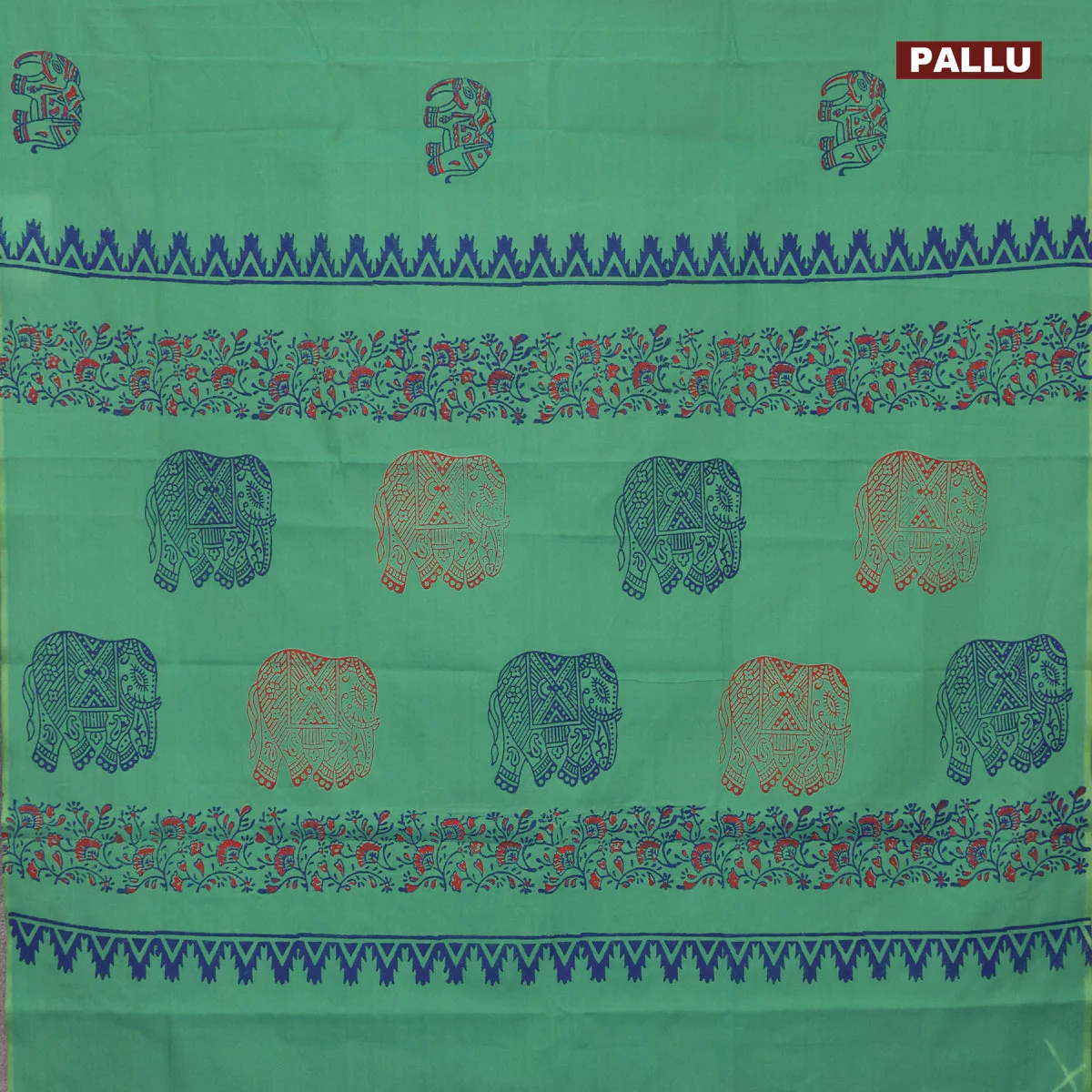 Poly cotton block printed saree dual shade of teal green and red with elephant butta prints in borderless style - Image 3
