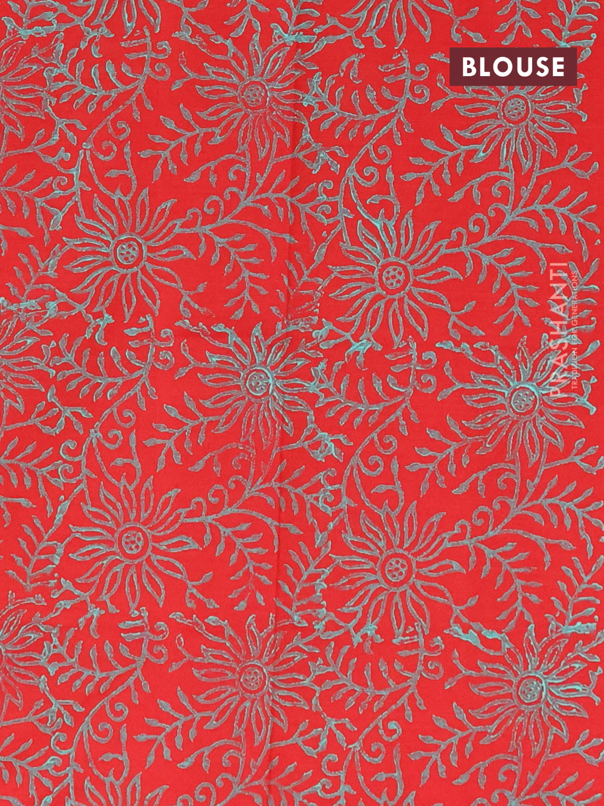 Poly cotton block printed saree dual shade of teal green and red with elephant butta prints in borderless style - Image 4