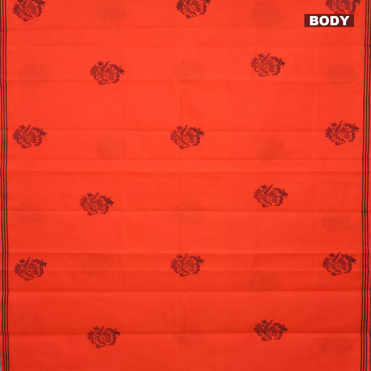 Poly cotton block printed saree orange with butta prints in borderless style - Image 2