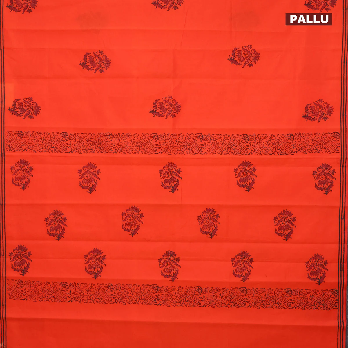Poly cotton block printed saree orange with butta prints in borderless style - Image 3