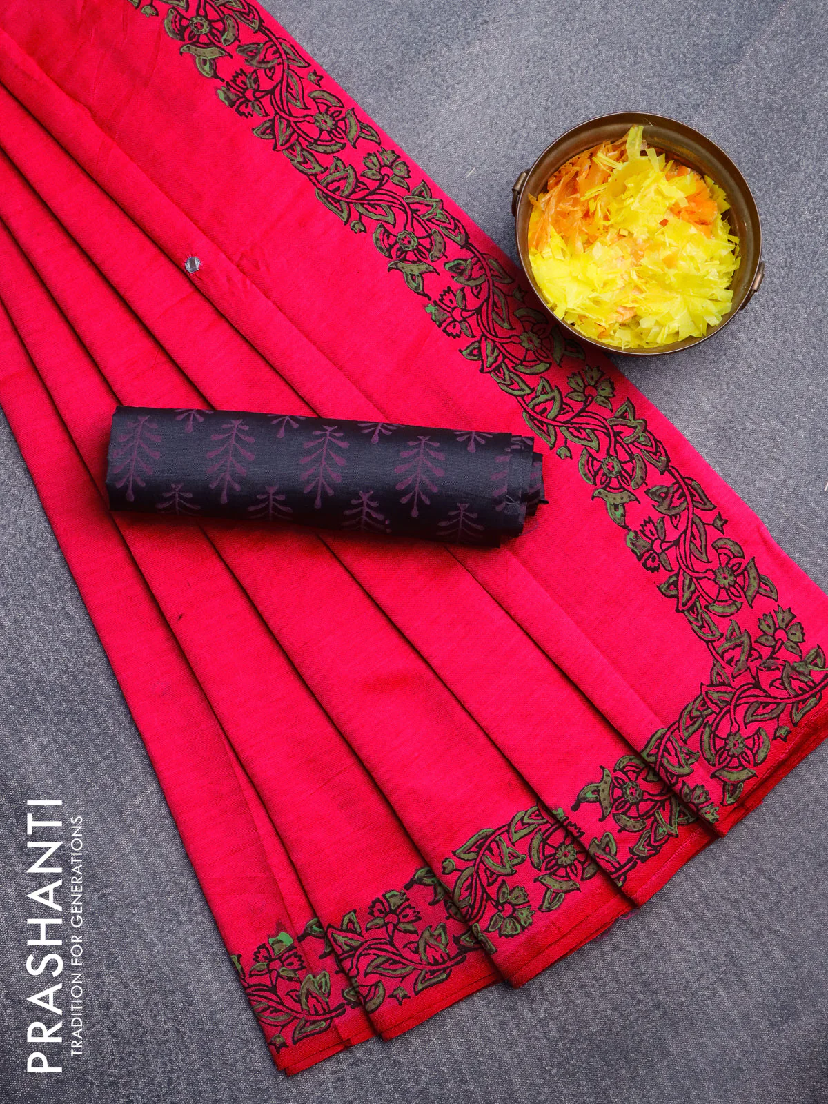 Poly cotton saree candy pink and grey with mirror & embroidery work and block printed border with separate blouse
