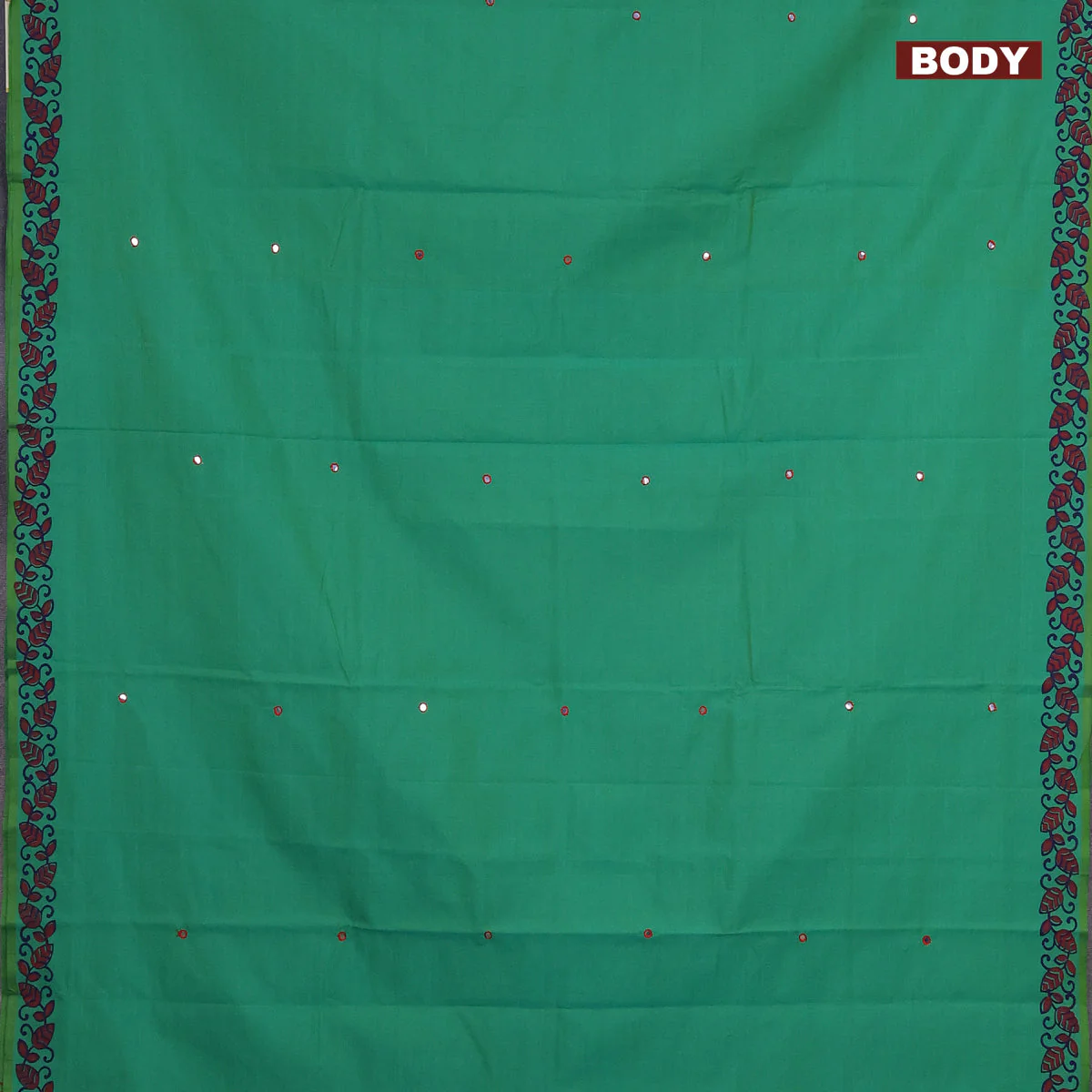 Poly cotton saree dual shade of green and red with mirror & embroidery work and block printed border with separate blouse - Image 2