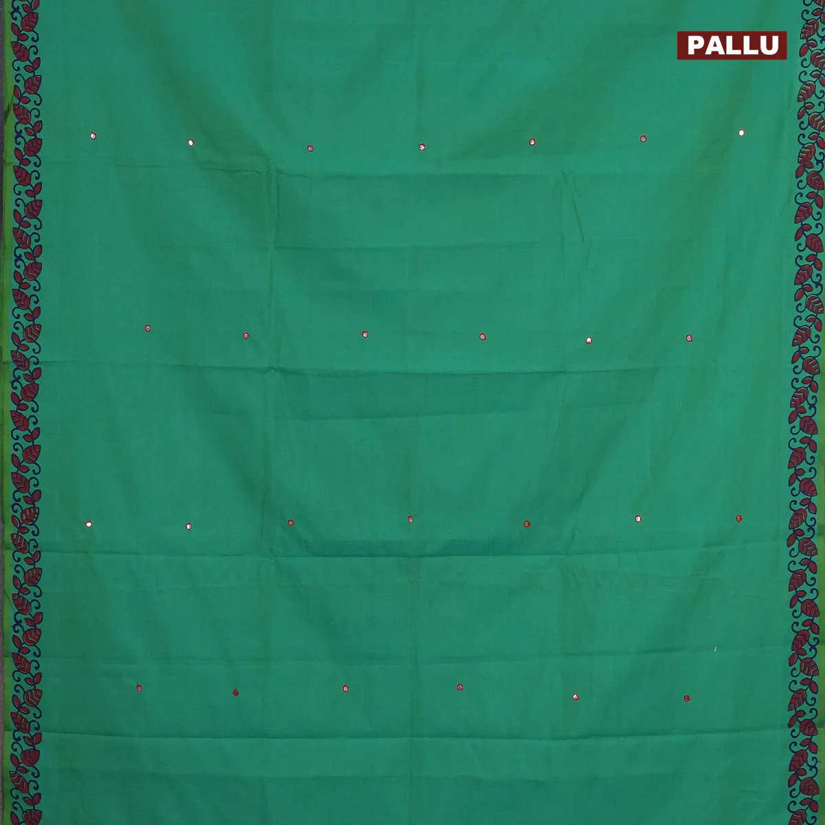 Poly cotton saree dual shade of green and red with mirror & embroidery work and block printed border with separate blouse - Image 3