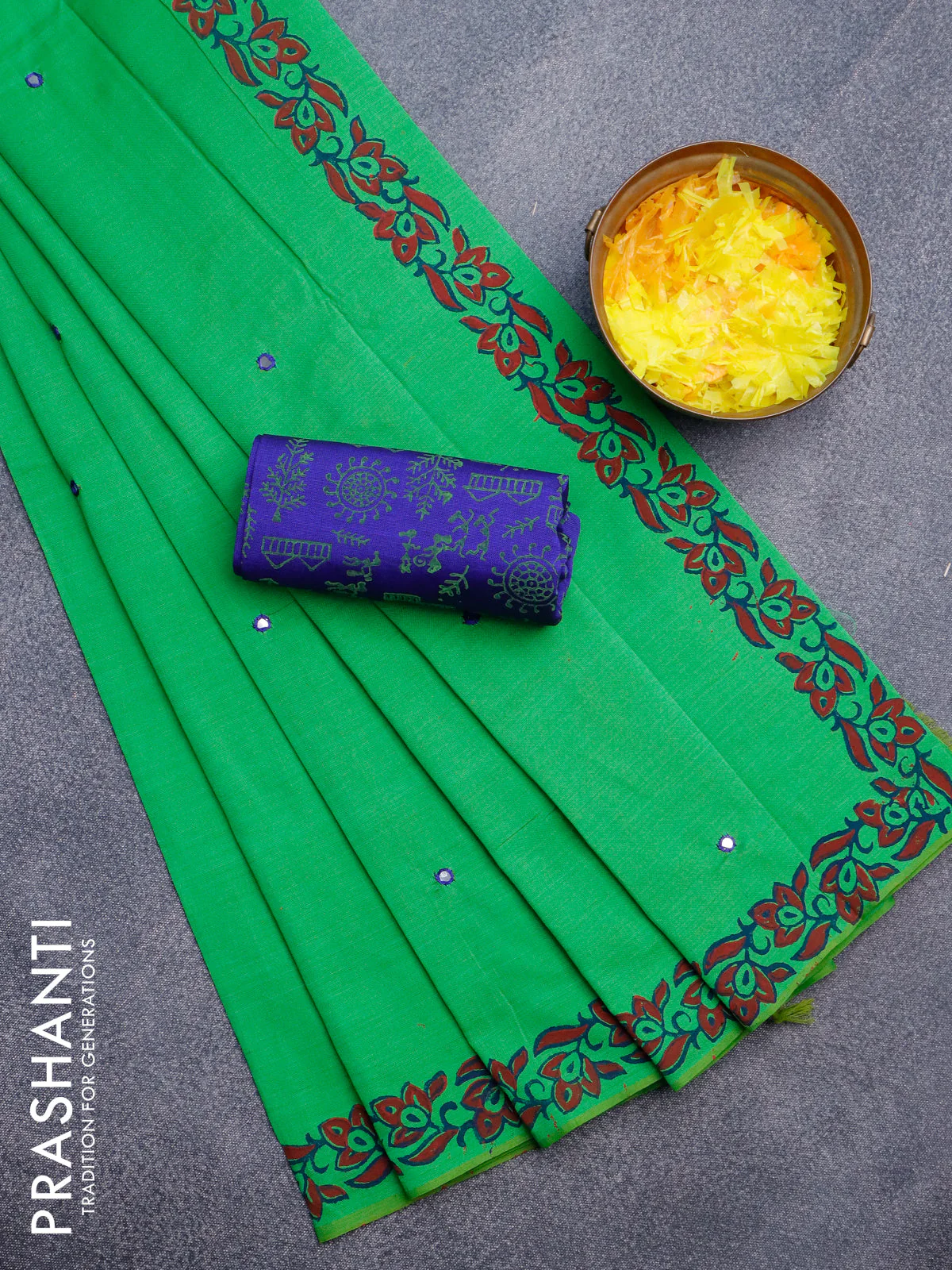 Poly cotton saree green and blue with mirror & embroidery work and block printed border with separate blouse
