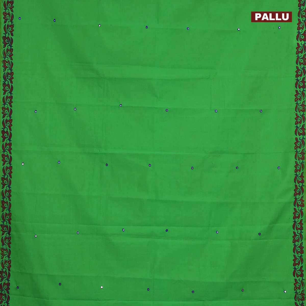 Poly cotton saree green and blue with mirror & embroidery work and block printed border with separate blouse - Image 3