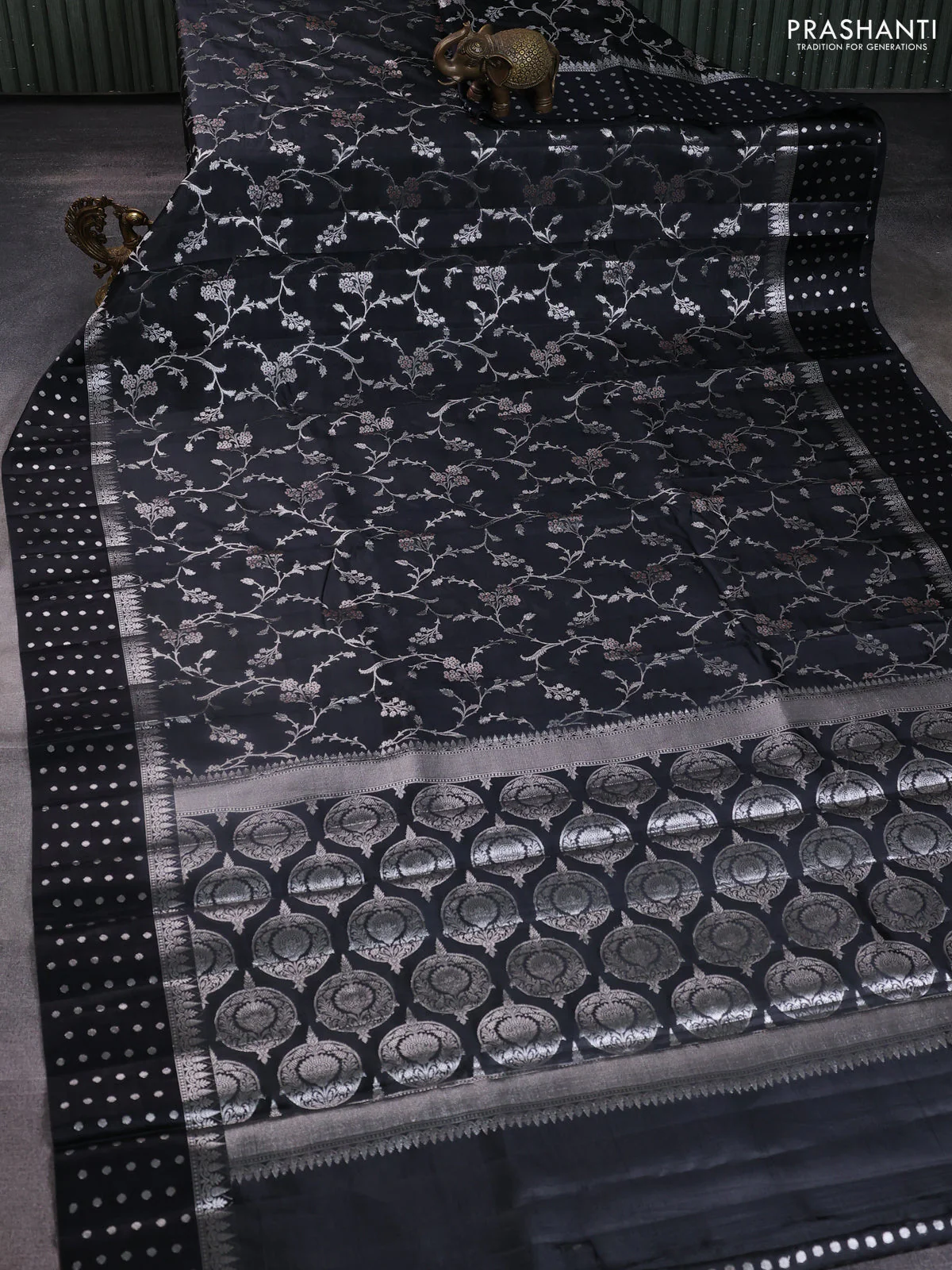 Poona silk saree black with allover silver zari weaves and silver zari woven butta border - Image 2