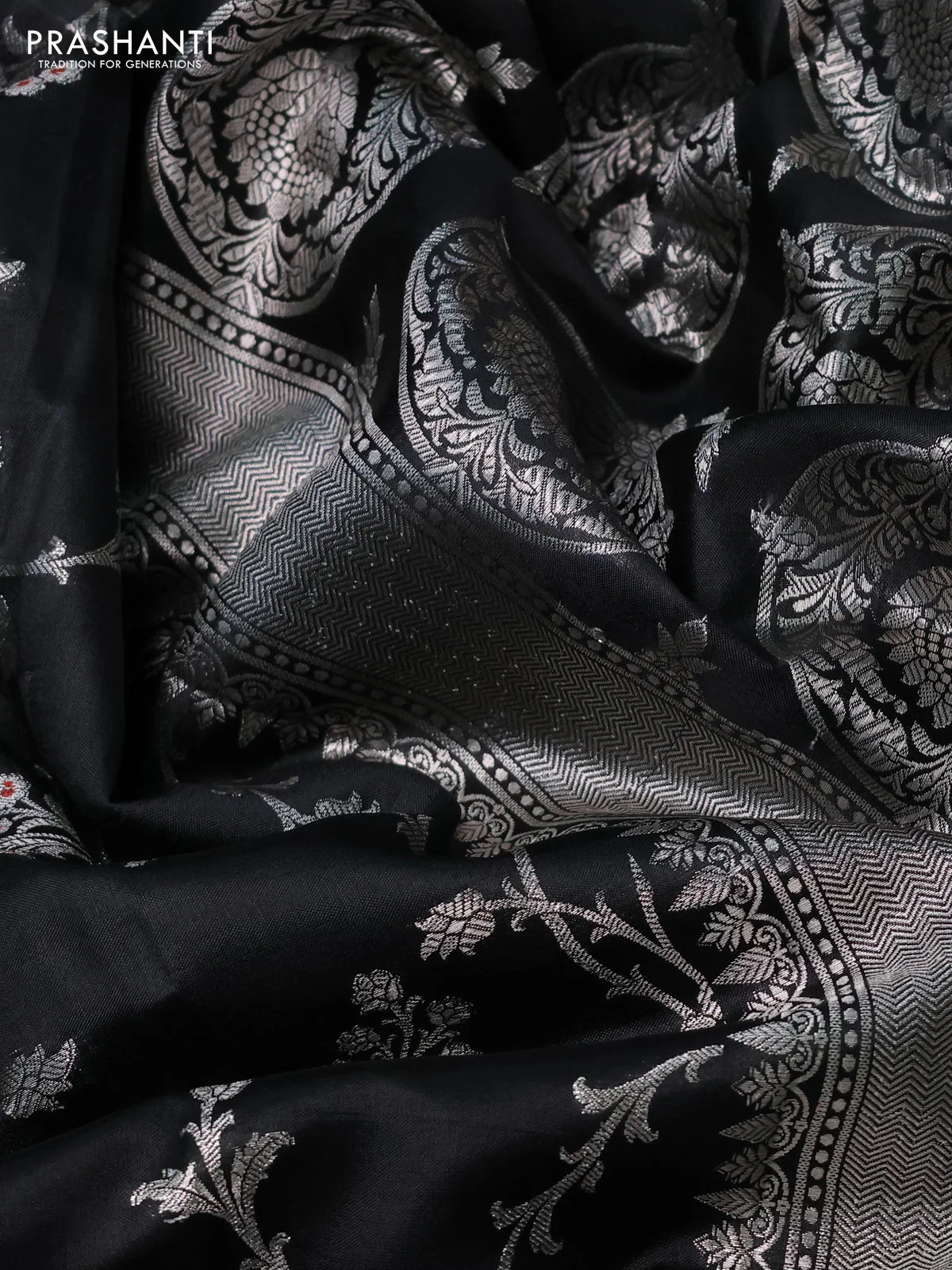 Poona silk saree black with allover silver zari weaves and silver zari woven butta border - Image 3