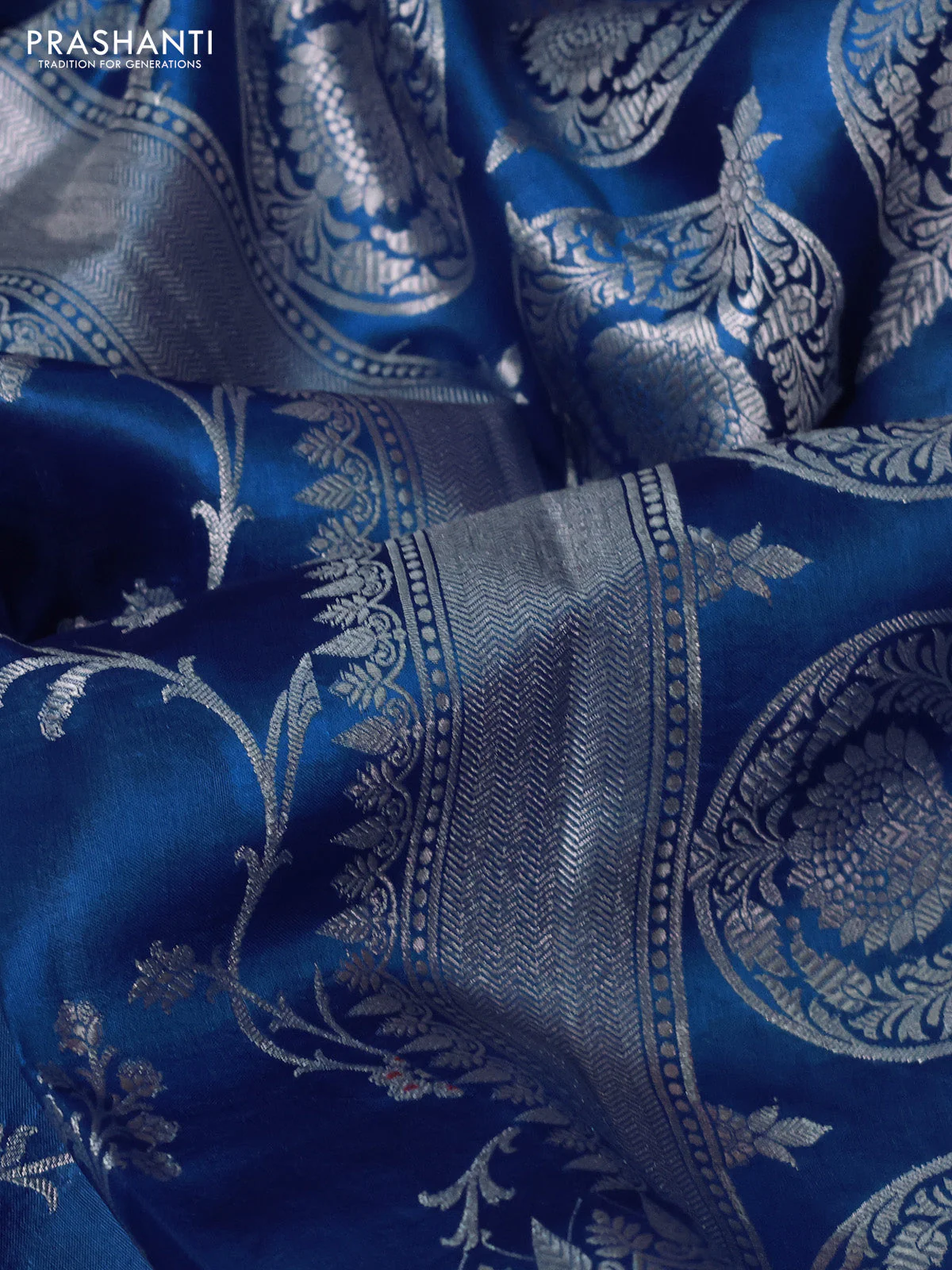 Poona silk saree cs blue with allover silver zari weaves and silver zari woven butta border - Image 3