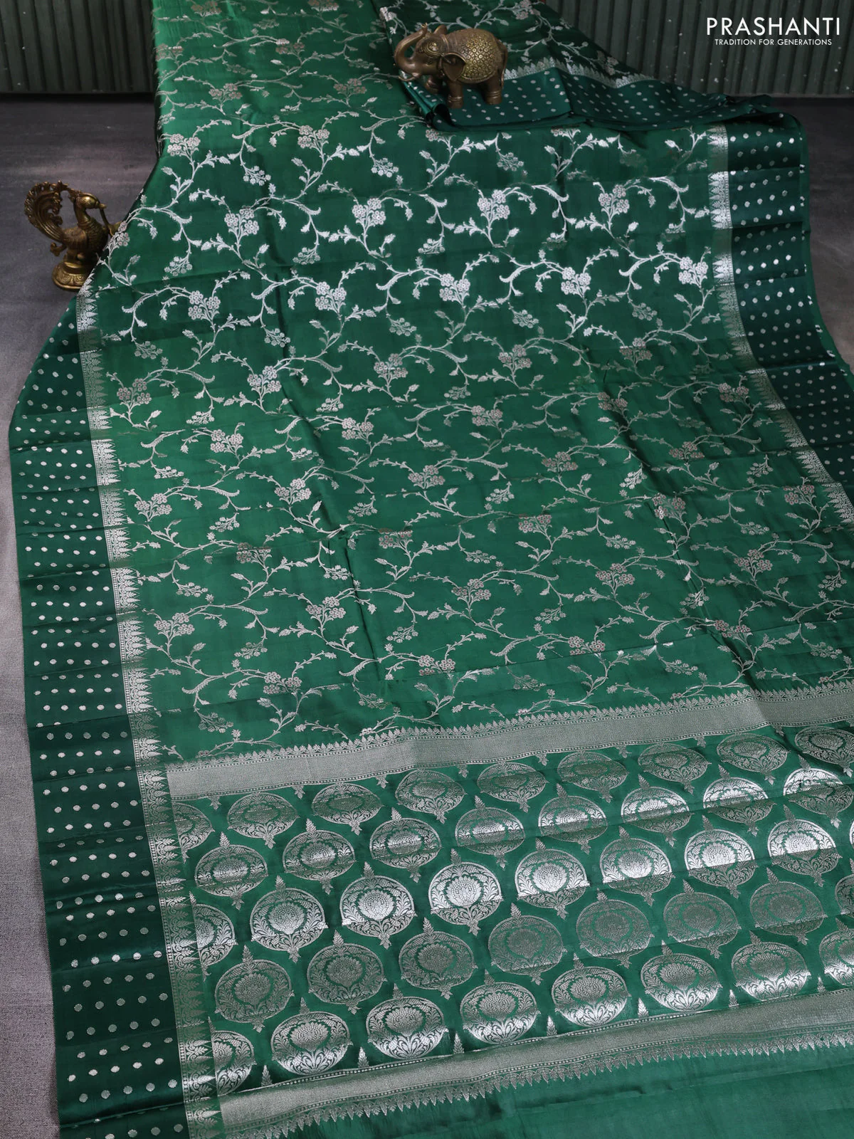 Poona silk saree dark green with allover silver zari weaves and silver zari woven butta border - Image 2