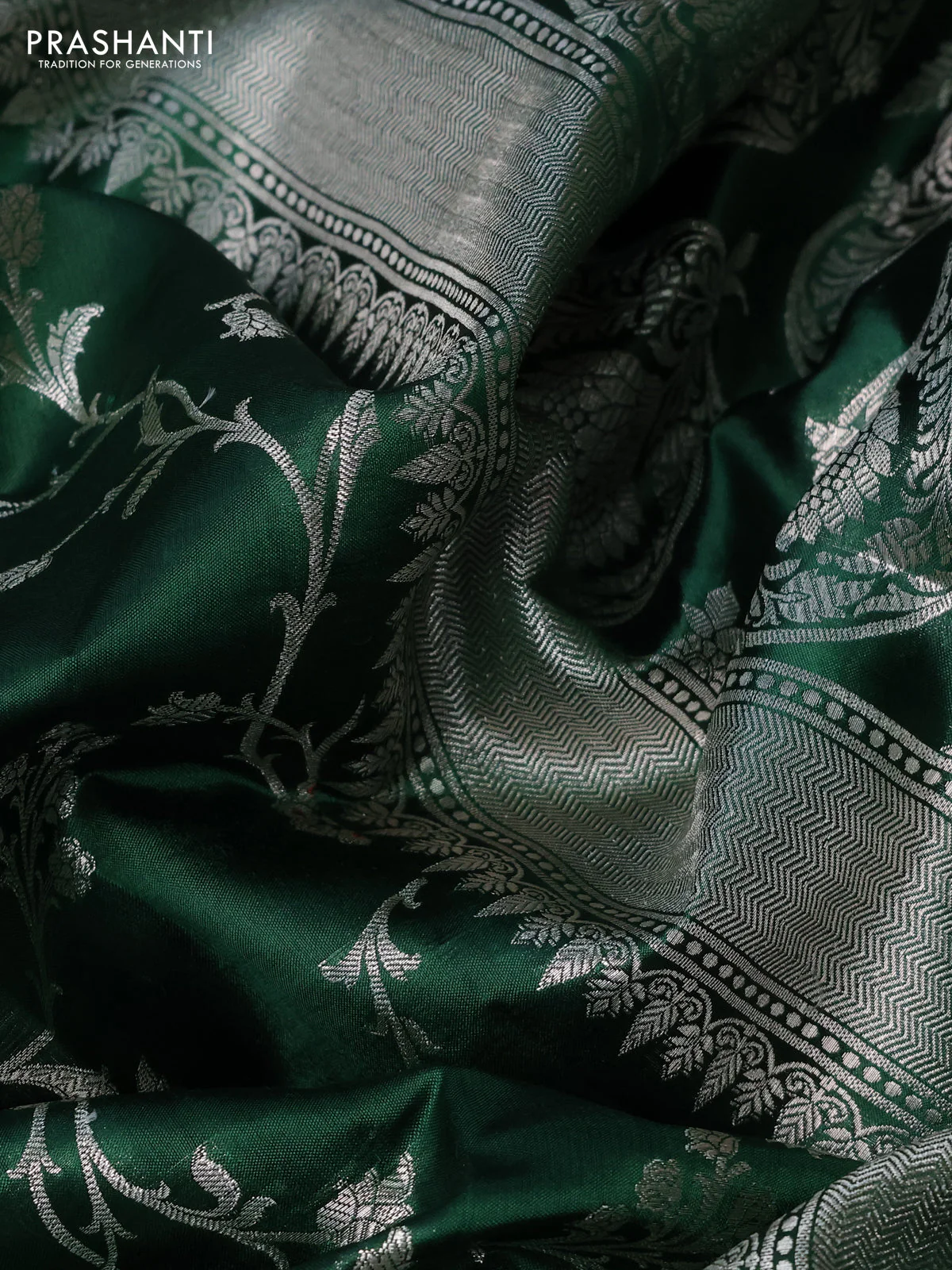 Poona silk saree dark green with allover silver zari weaves and silver zari woven butta border - Image 3