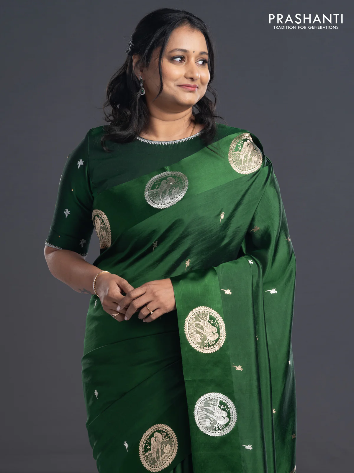 Poona silk saree green with silver & gold zari buttas and satin border - Image 2