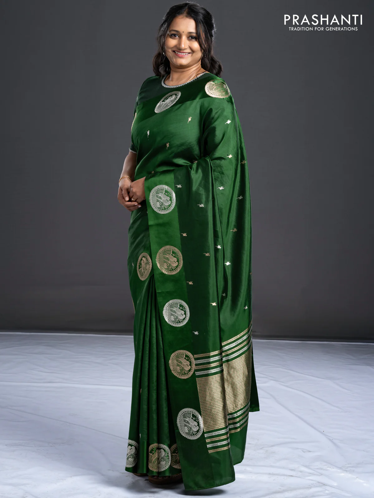 Poona silk saree green with silver & gold zari buttas and satin border - Image 3