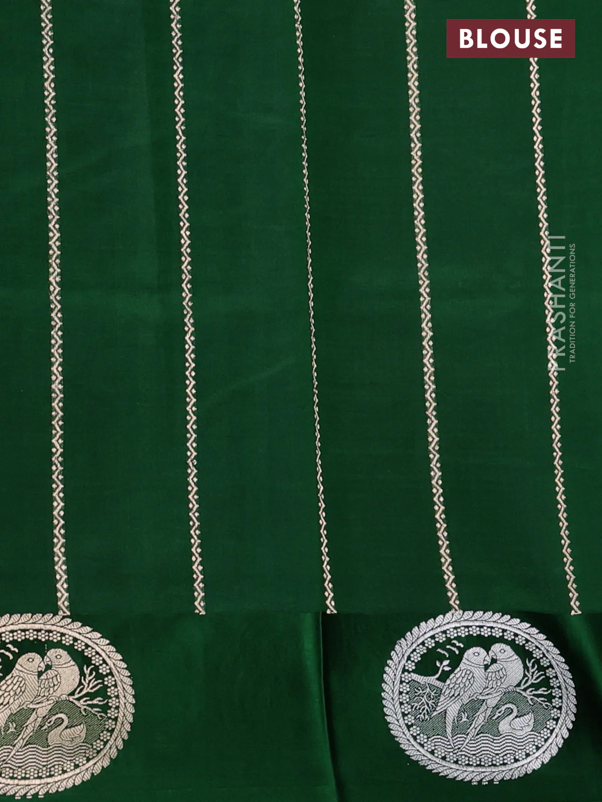 Poona silk saree green with silver & gold zari buttas and satin border - Image 7