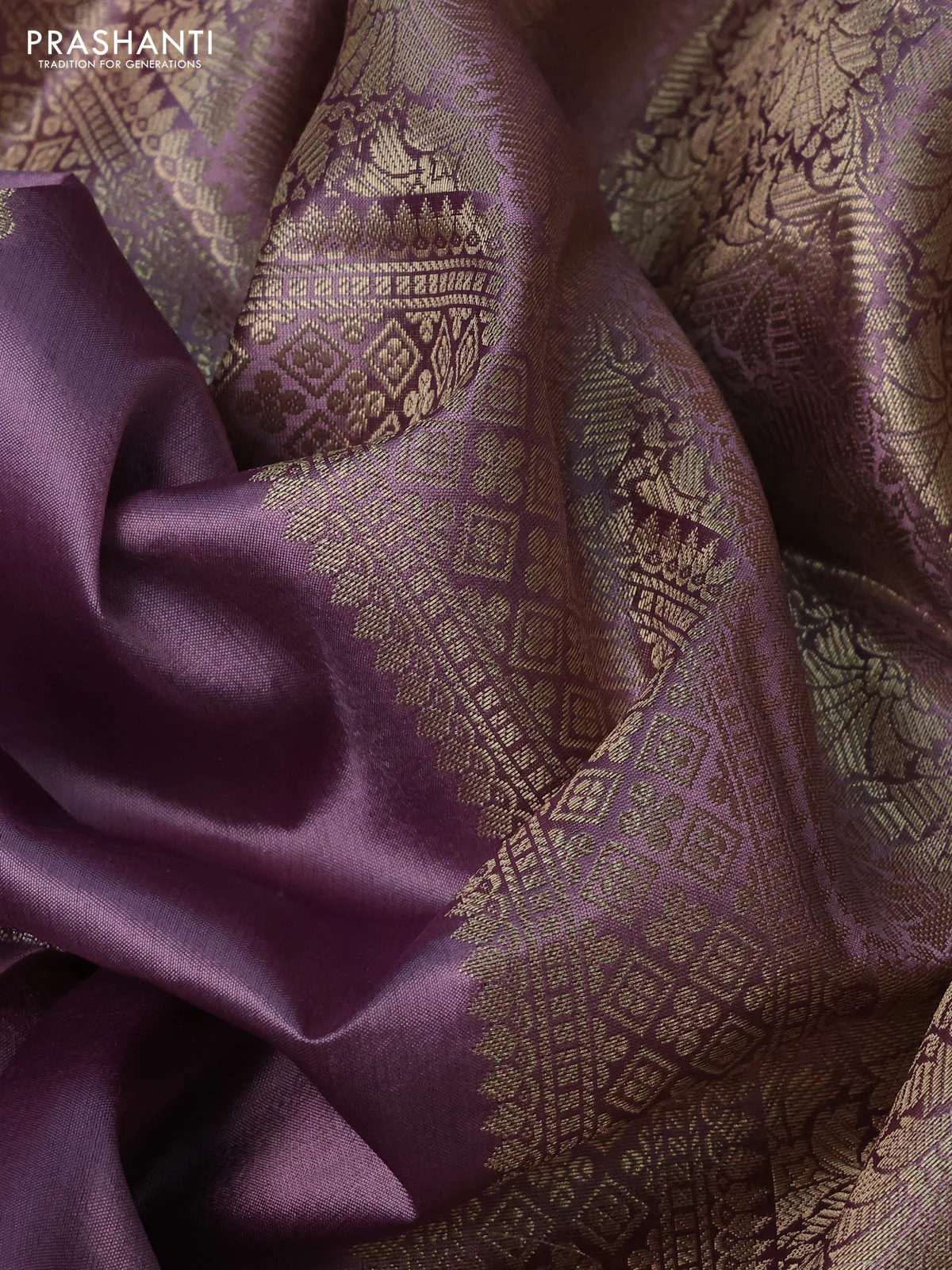 Poona silk saree lavender shade with zari woven buttas and floral zari woven border - Image 3
