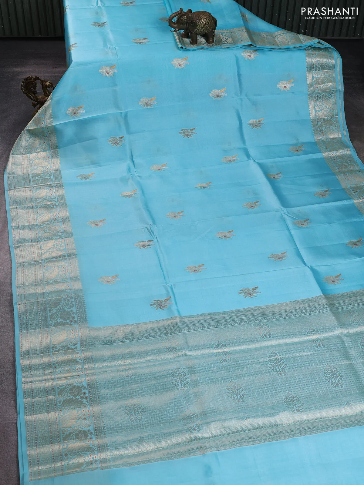 Poona silk saree light blue with silver & gold zari woven buttas and long zari woven border - Image 2