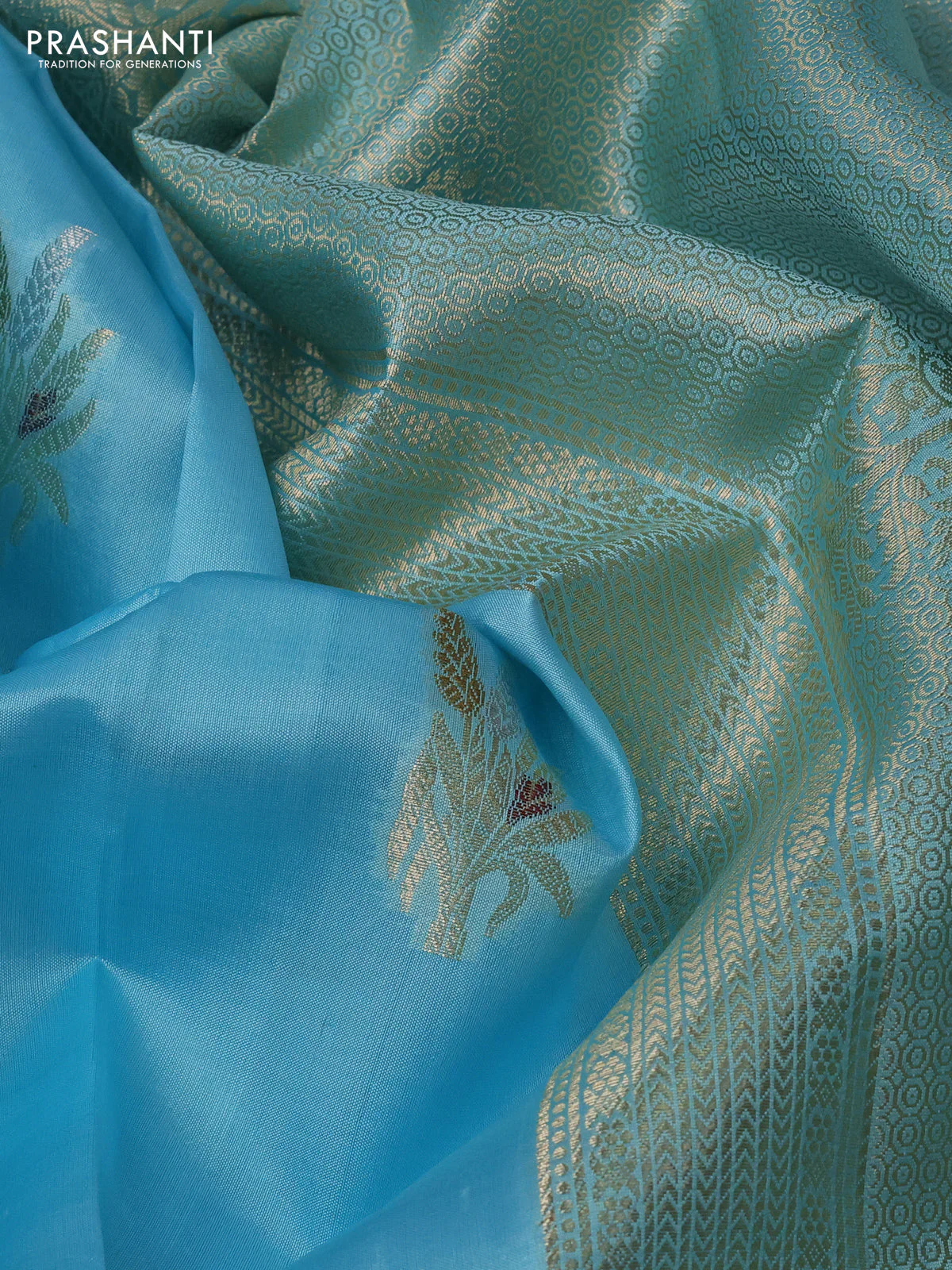 Poona silk saree light blue with silver & gold zari woven buttas and long zari woven border - Image 3