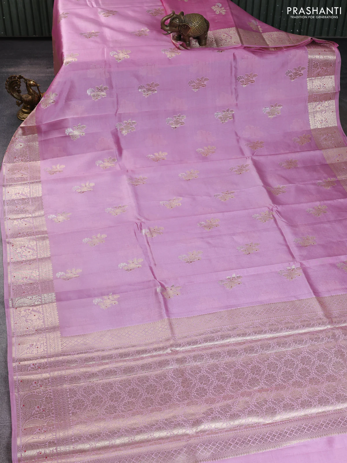 Poona silk saree light pink with zari woven buttas and zari woven border - Image 2