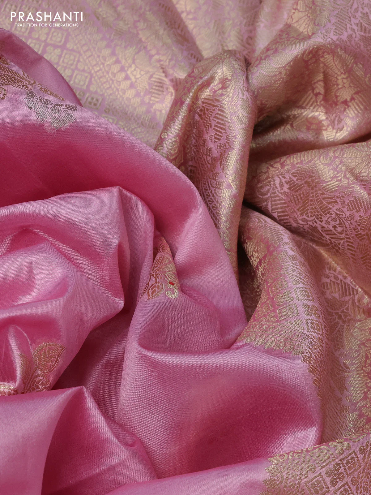 Poona silk saree light pink with zari woven buttas and zari woven border - Image 3