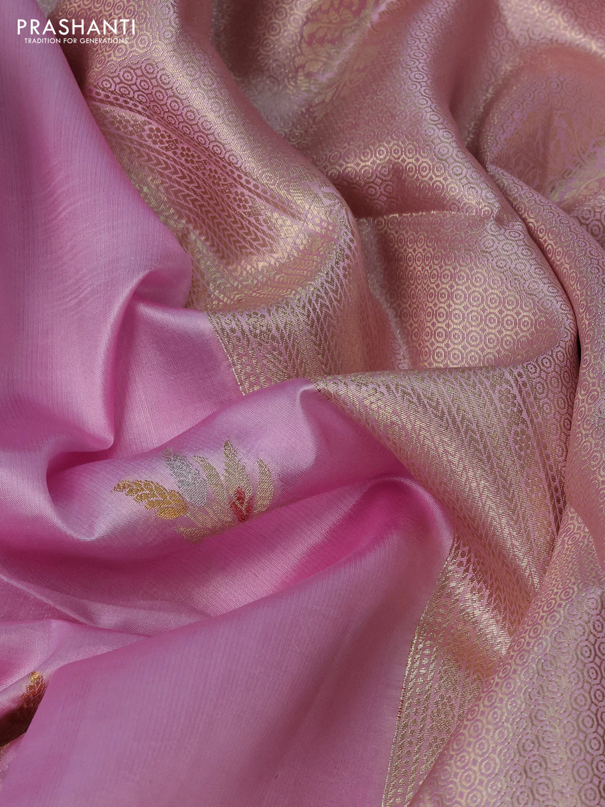 Poona silk saree lotus pink with zari woven buttas and zari woven border - Image 3