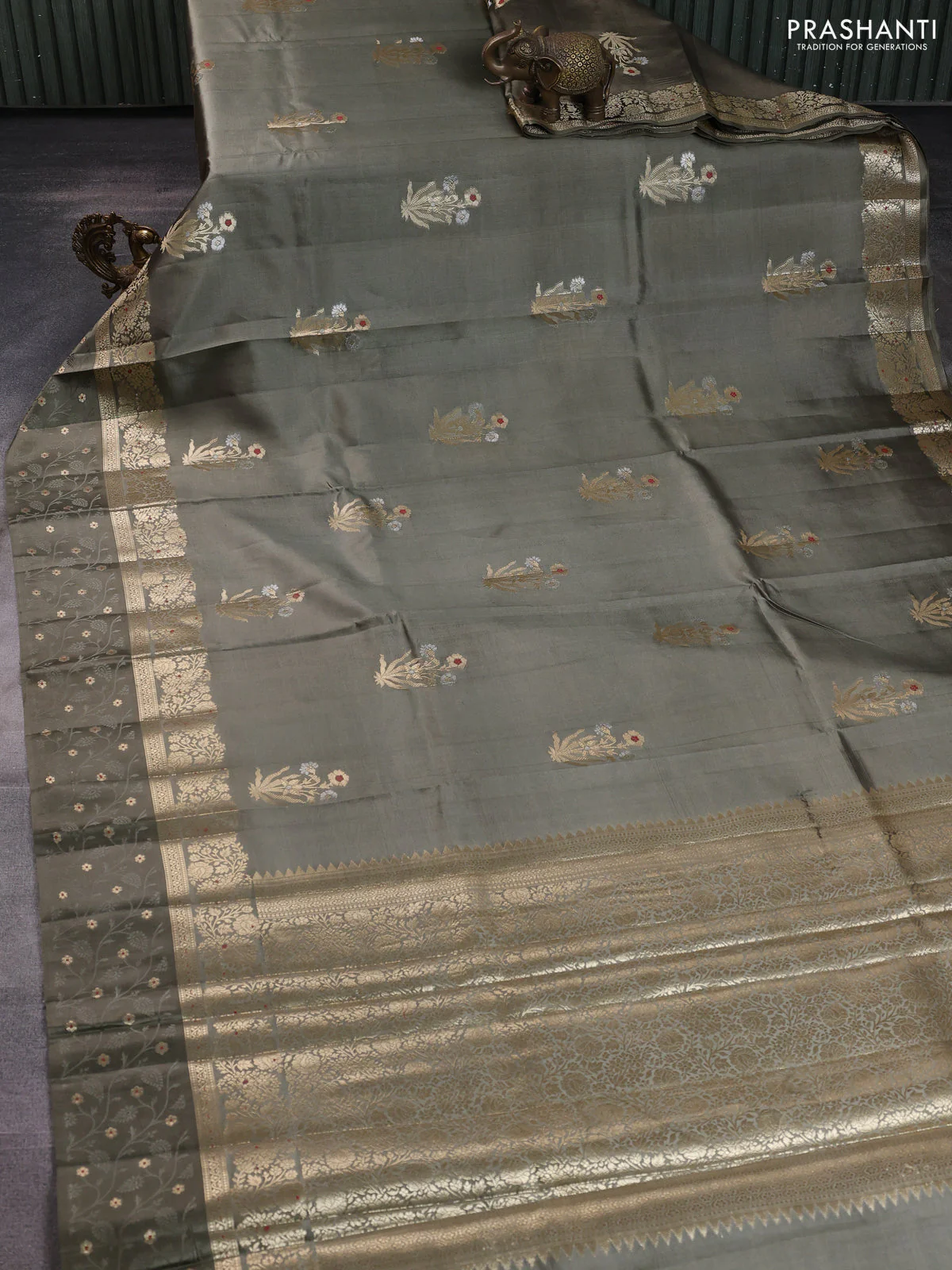 Poona silk saree olive green with silver & gold zari woven buttas and long zari woven border - Image 2