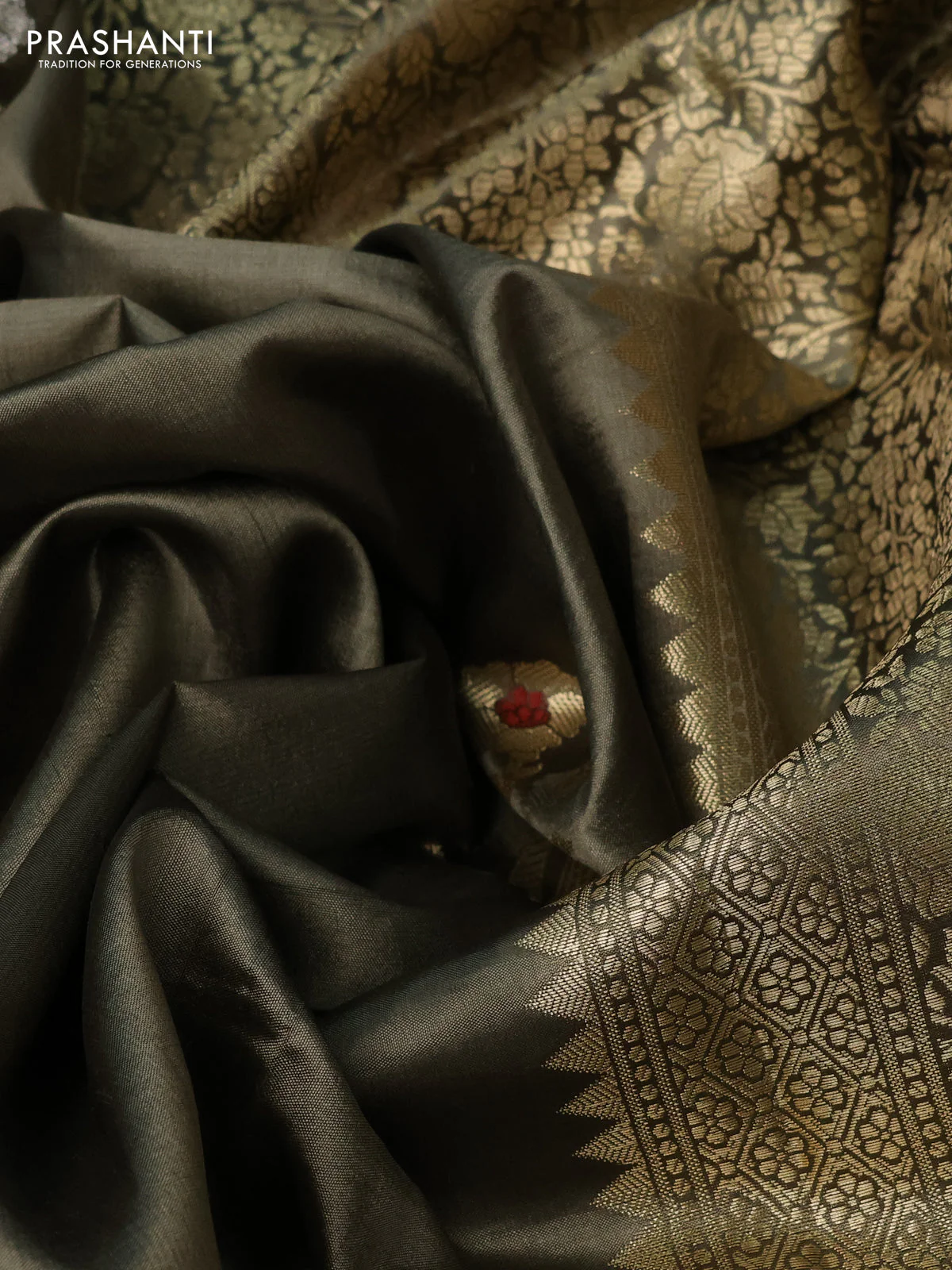Poona silk saree olive green with silver & gold zari woven buttas and long zari woven border - Image 3