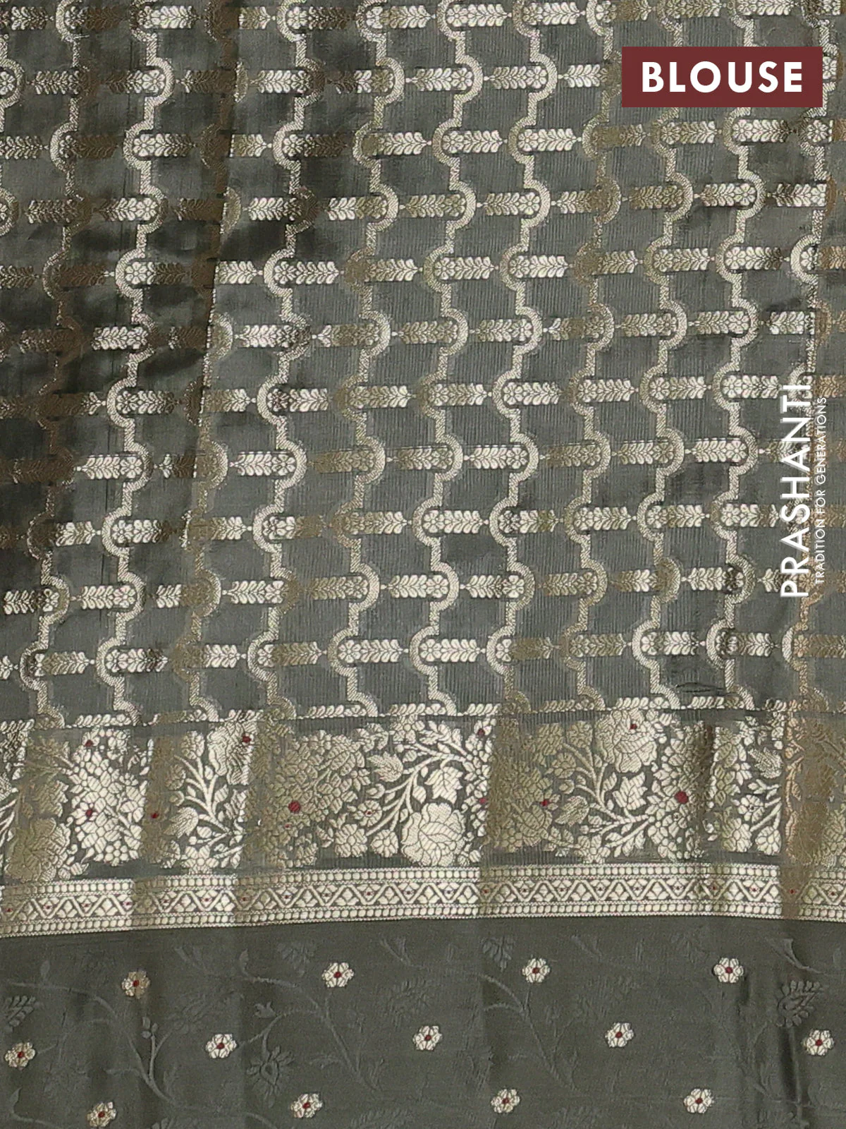 Poona silk saree olive green with silver & gold zari woven buttas and long zari woven border - Image 4