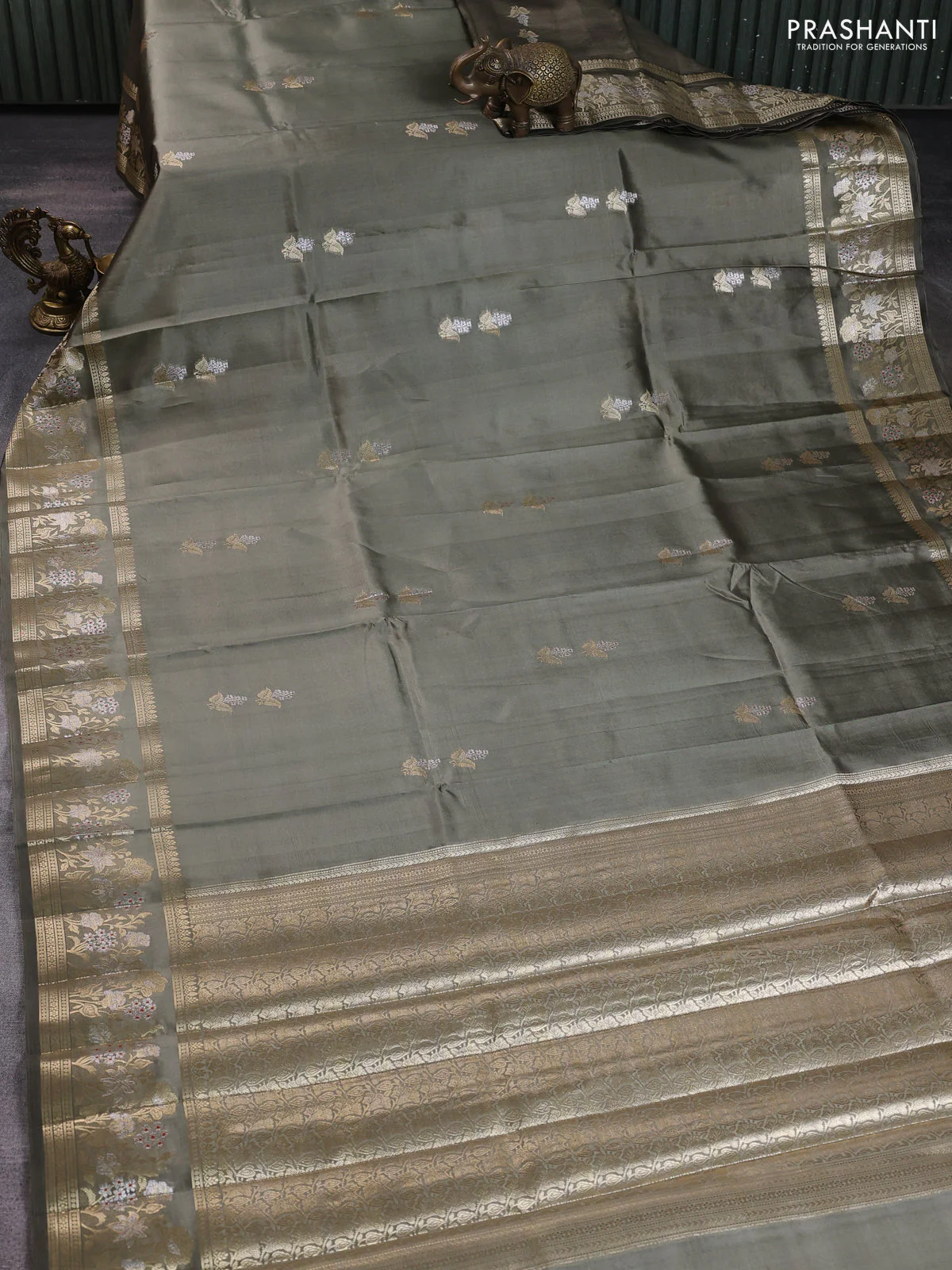 Poona silk saree olive green with zari woven buttas and floral zari woven border - Image 2